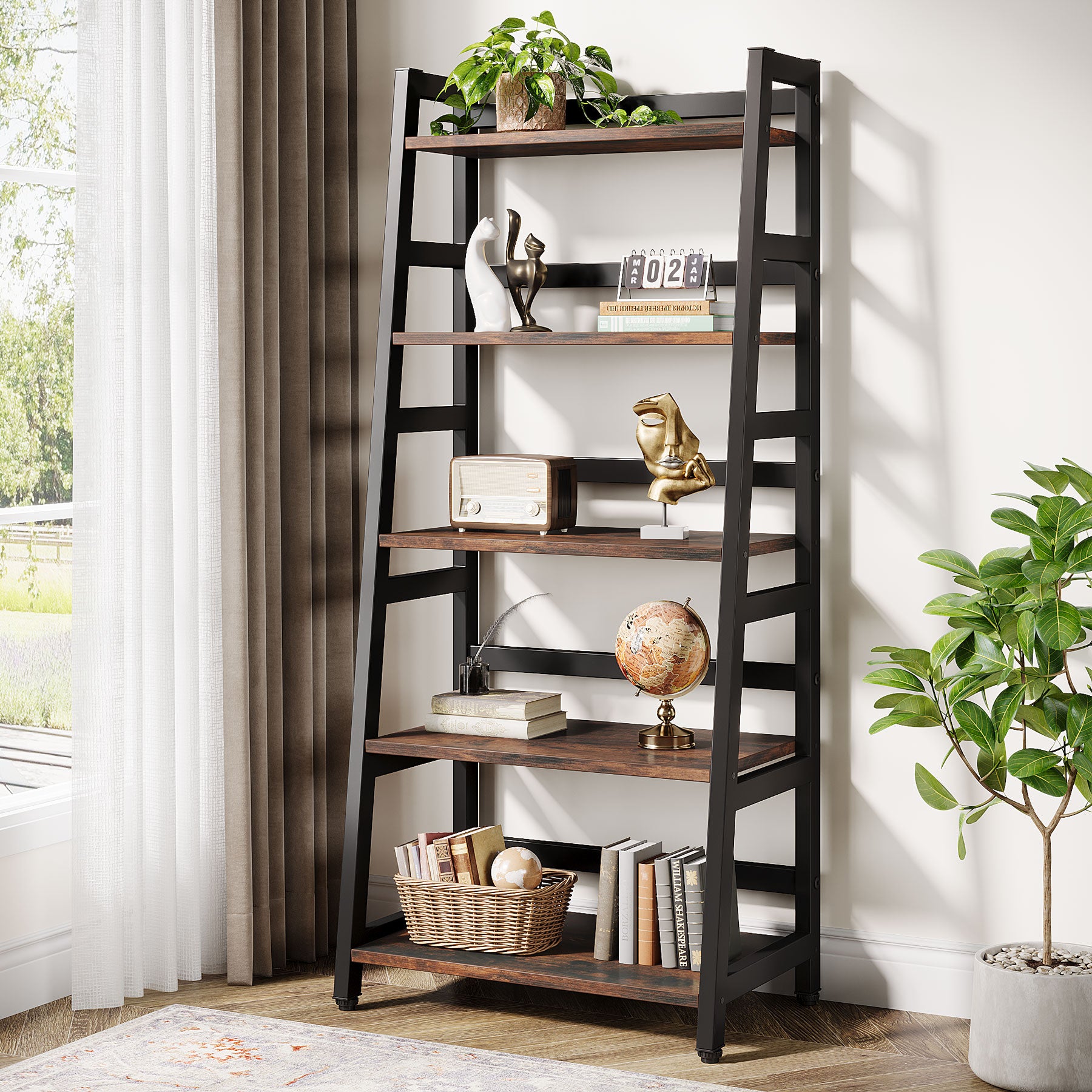144 cm Industrial 5-Tier Bookshelf, Rustic Wood Ladder Shelf Bookcase with Metal Frame