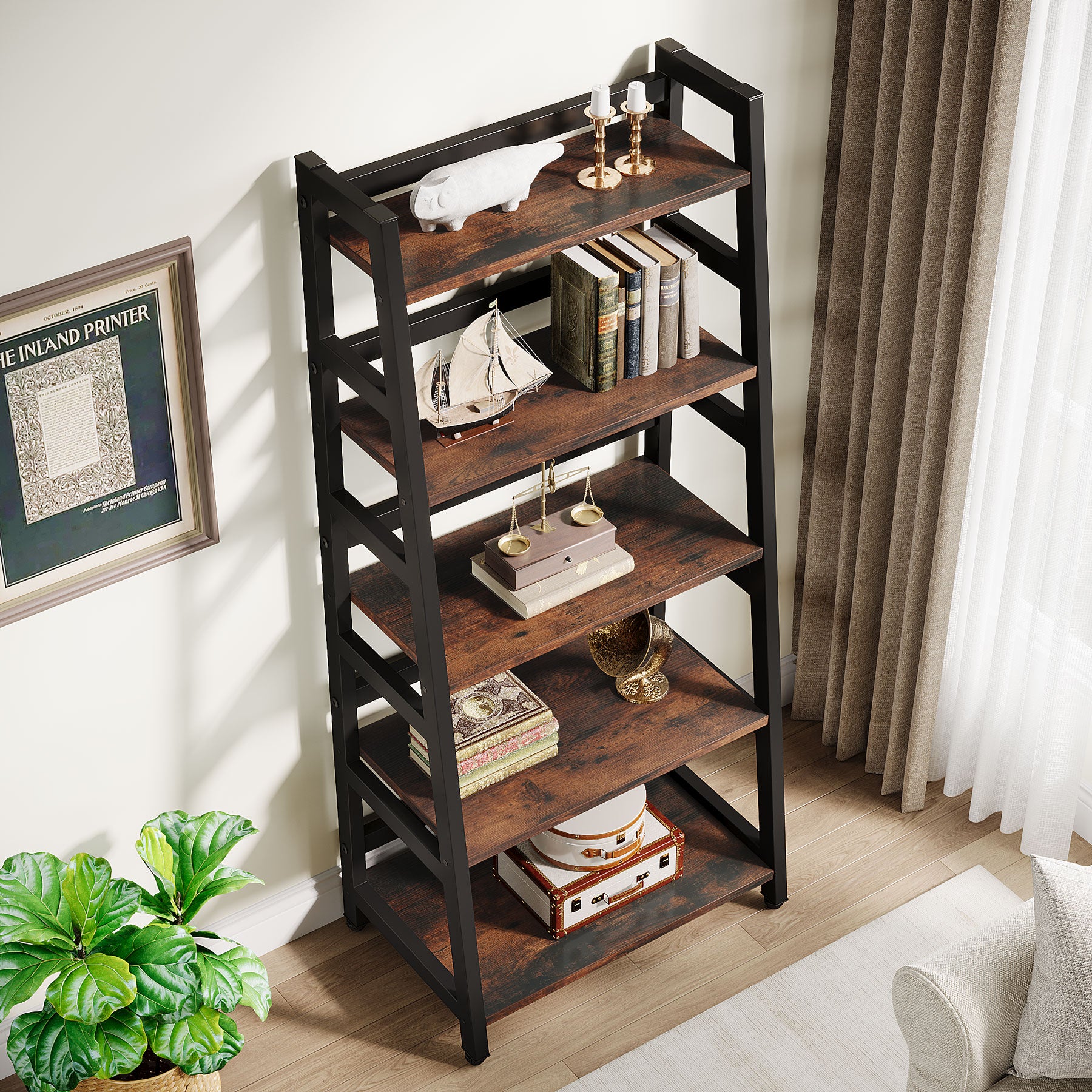 144 cm Industrial 5-Tier Bookshelf, Rustic Wood Ladder Shelf Bookcase with Metal Frame