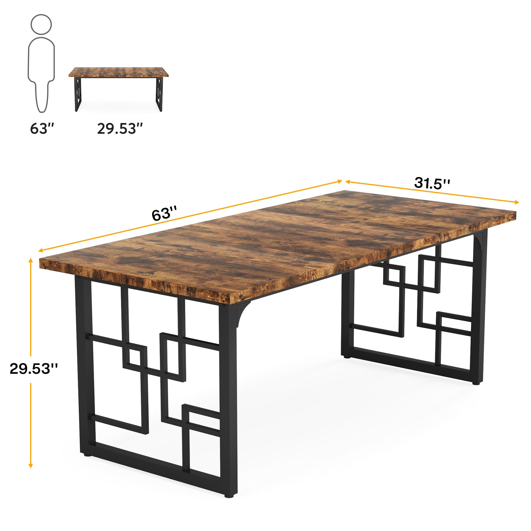 160cm Rectangular Dining Table for 4-6, Rustic Wood Kitchen Table with Black Metal Frame