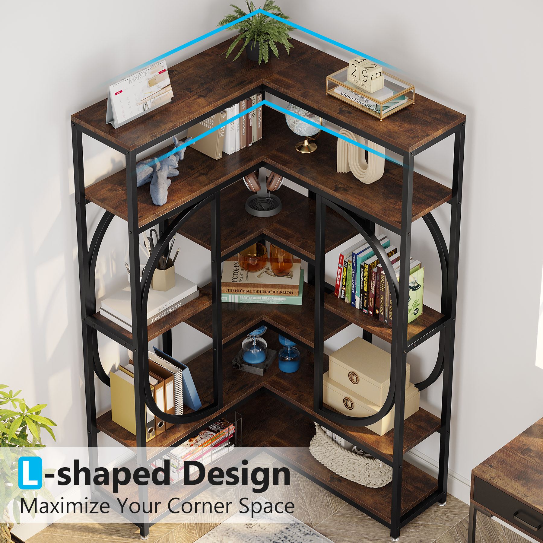 176cm L-Shaped Bookshelf, Modern Corner 7-Shelf Bookshelf Display Rack