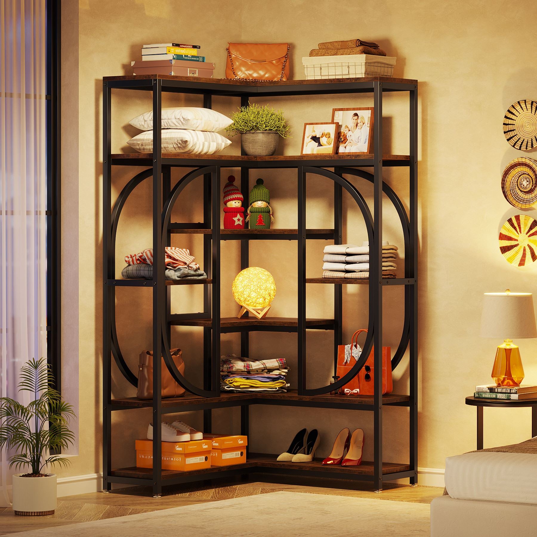 176cm L-Shaped Bookshelf, Modern Corner 7-Shelf Bookshelf Display Rack