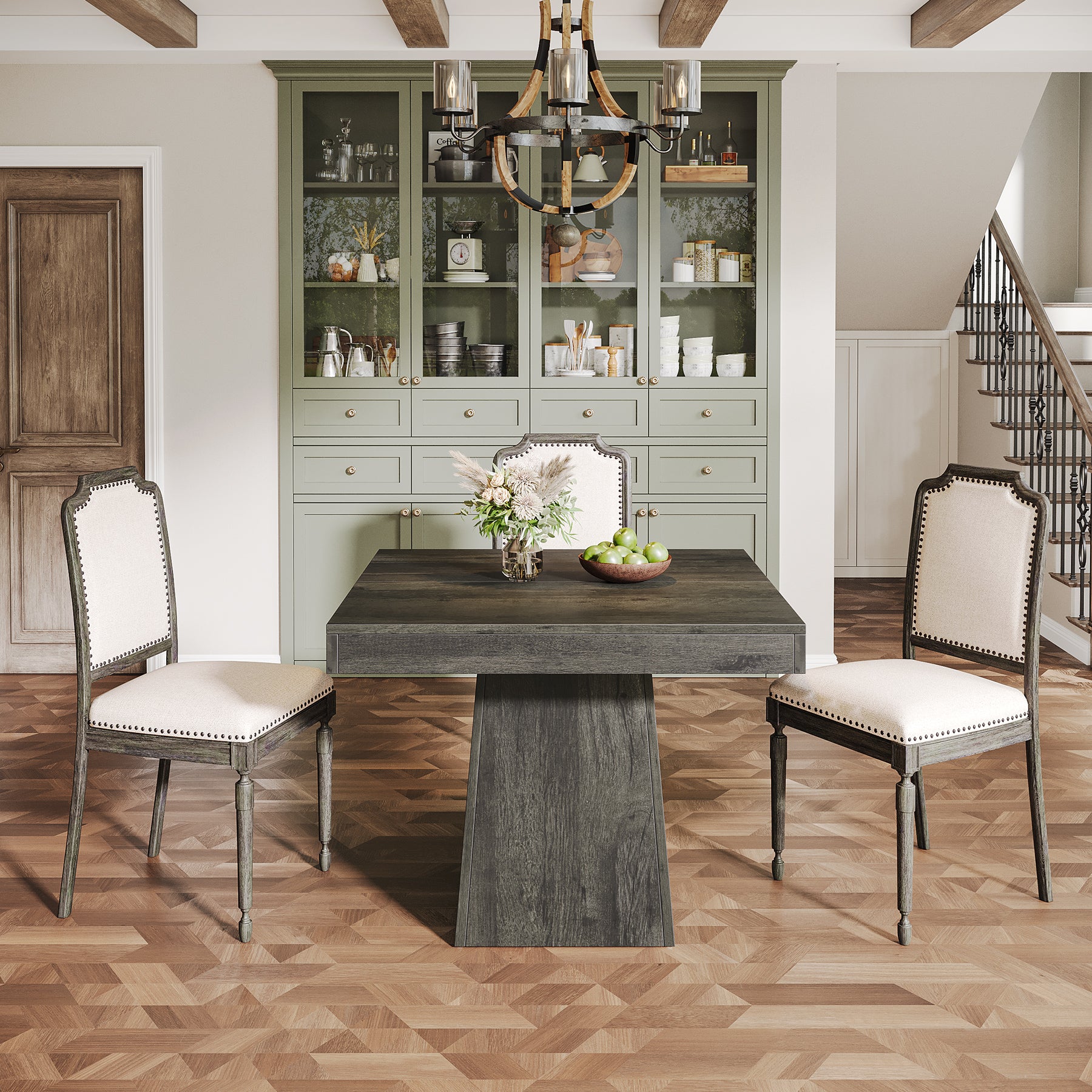 80cm Square Dining Table with Pedestal Base, 4-Seater Compact Farmhouse Style Dining Table