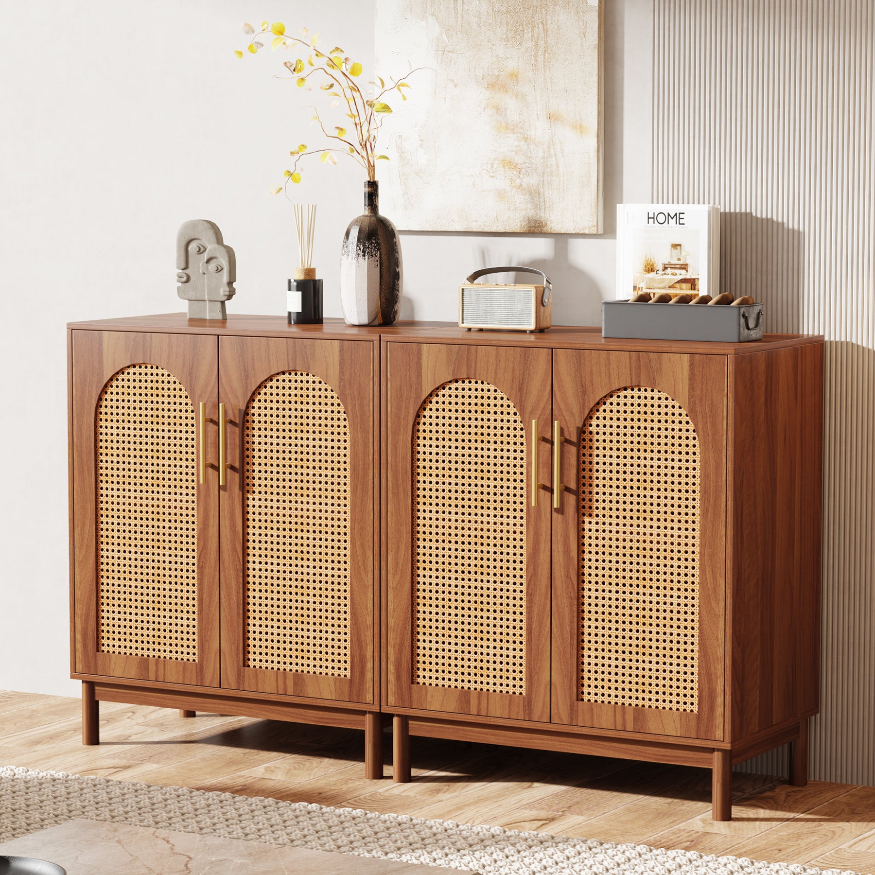150cm Sideboard Buffet, Set of 2 Rattan Accent Cabinet with Storage