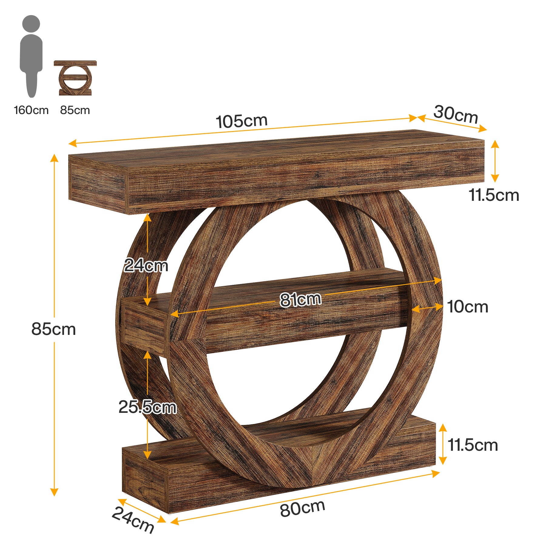 105cm Console Table, 3-Tier Sofa Table Accent Console with Circle Base