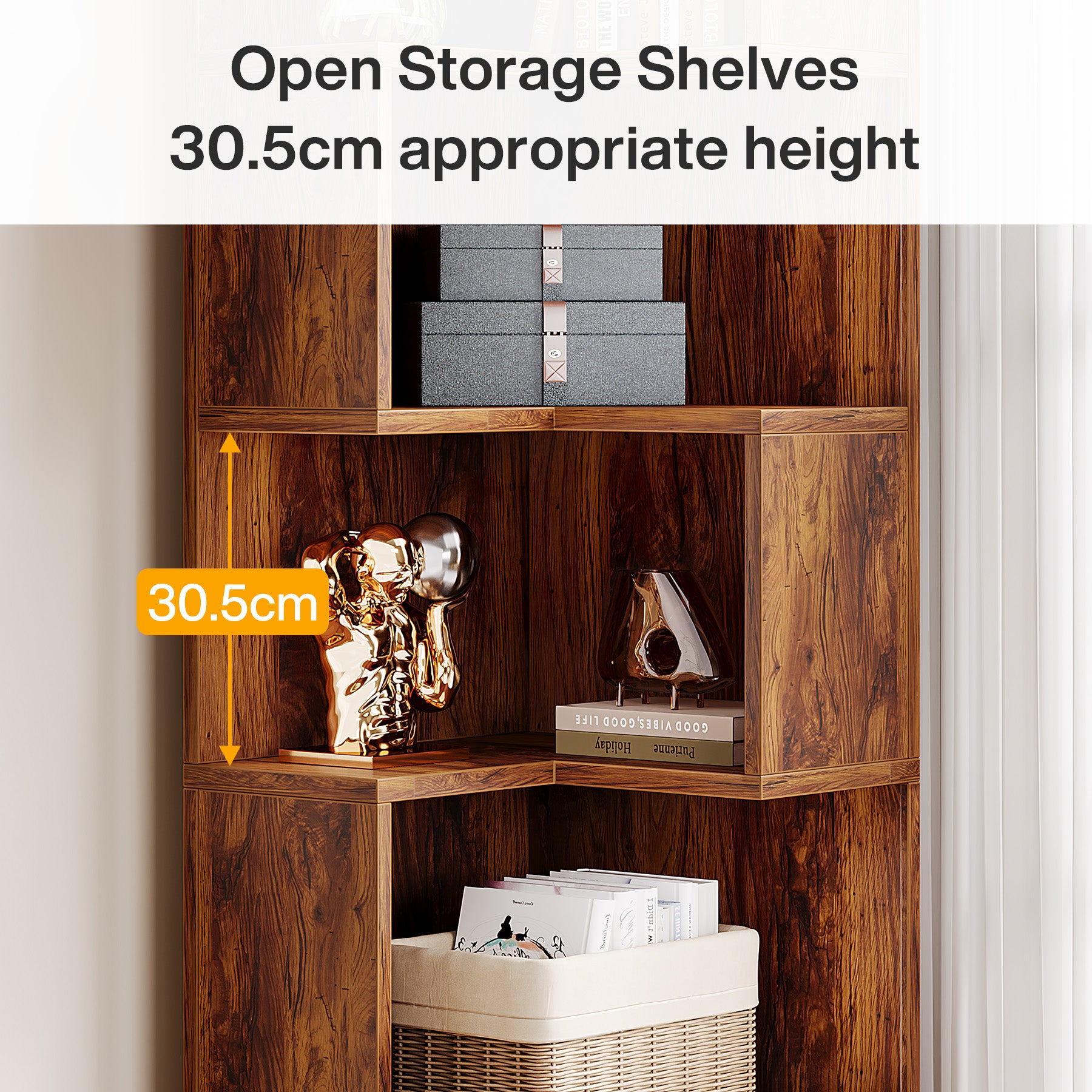 170cm L-Shaped Bookshelf, Corner Bookcase with 5-Tier Shelf & 2 Drawers