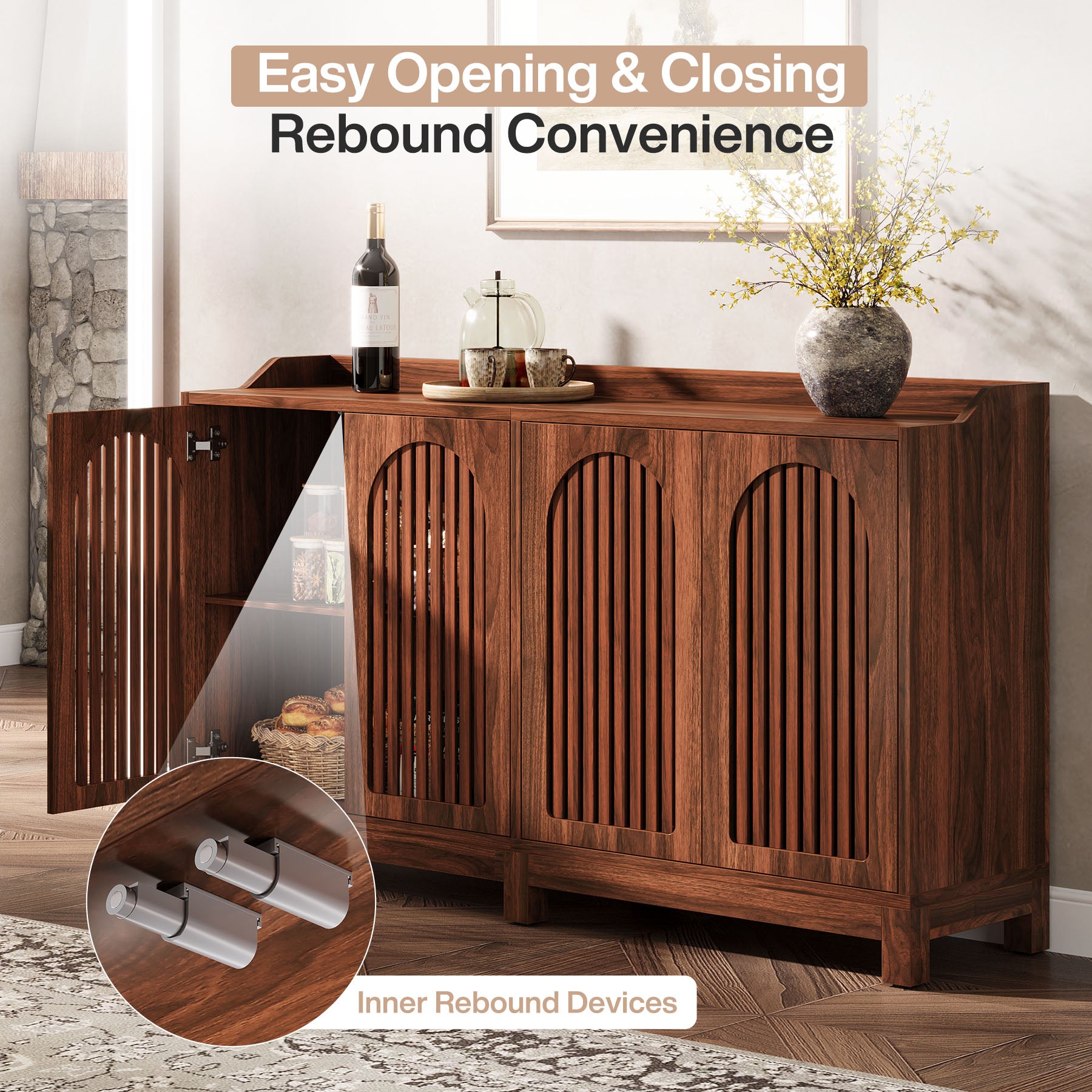 145cm Farmhouse Sideboard Buffet Cabinet with Shutter Doors, Freestanding Storage Cabinet for Kitchen & Dining Room