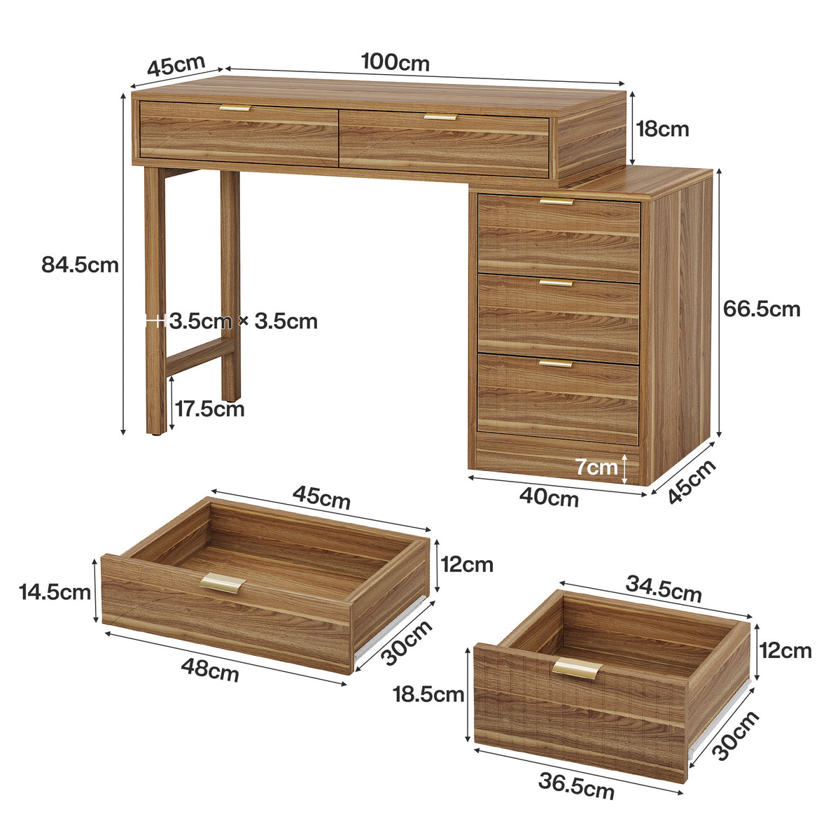 Walnut Brown Computer Desk with 5 Drawers, Reversible Storage Cabinet