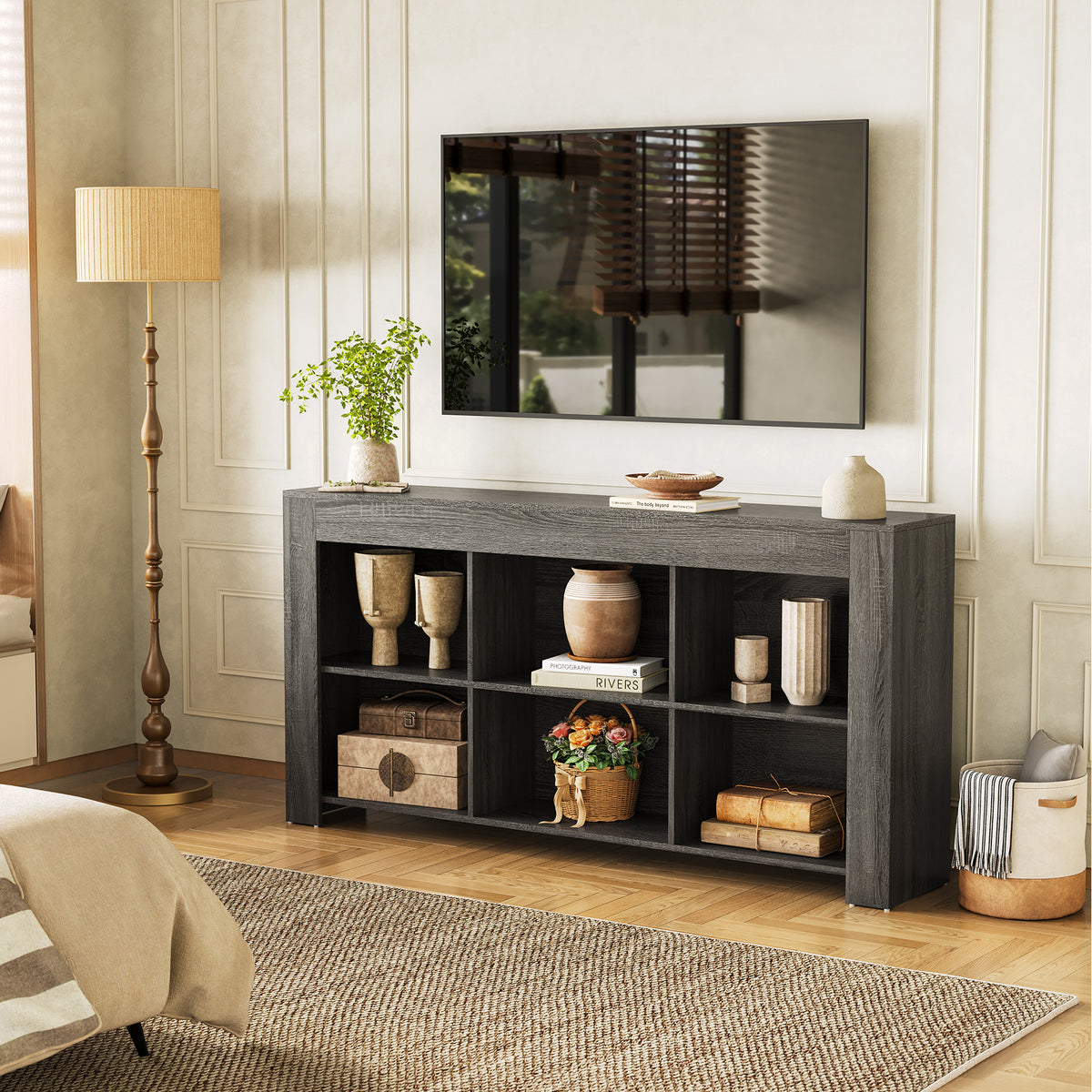 160 cm Console Table with 6 Storage Cubes, Rustic Wood Entryway Table