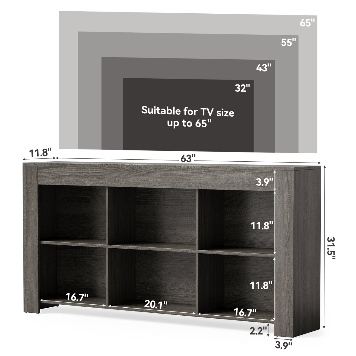160 cm Console Table with 6 Storage Cubes, Rustic Wood Entryway Table