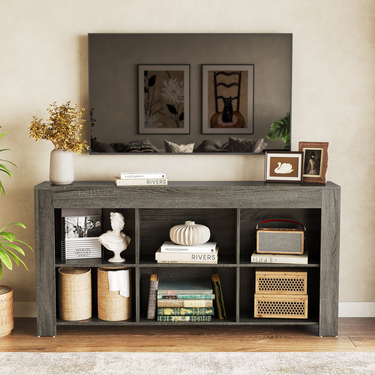 160 cm Console Table with 6 Storage Cubes, Rustic Wood Entryway Table