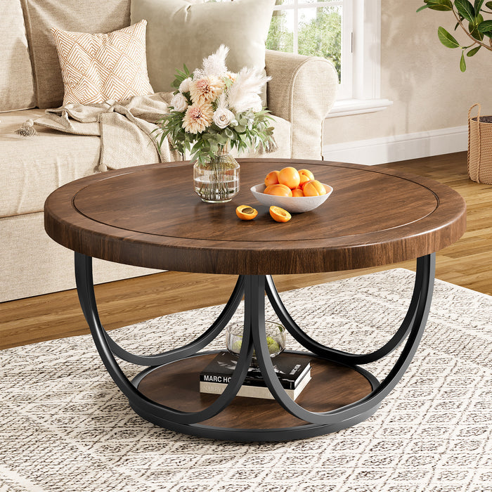 80 cm Round Coffee Table with Storage Shelf, 2-Tier Centre Table with Metal Frame in Industrial Style