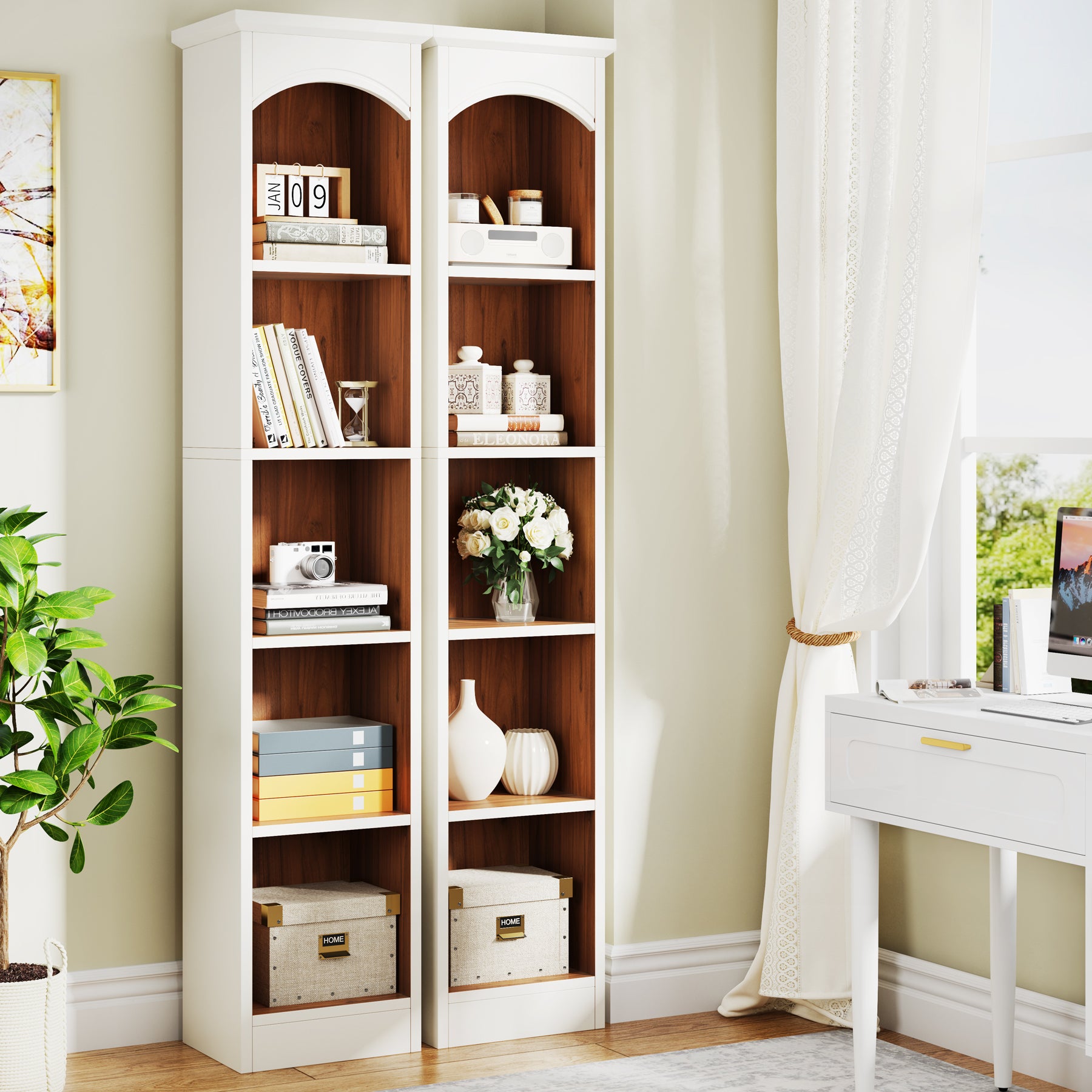 180cm Narrow Bookshelf, 5-Tier Cube Bookshelf Display Rack with Storage