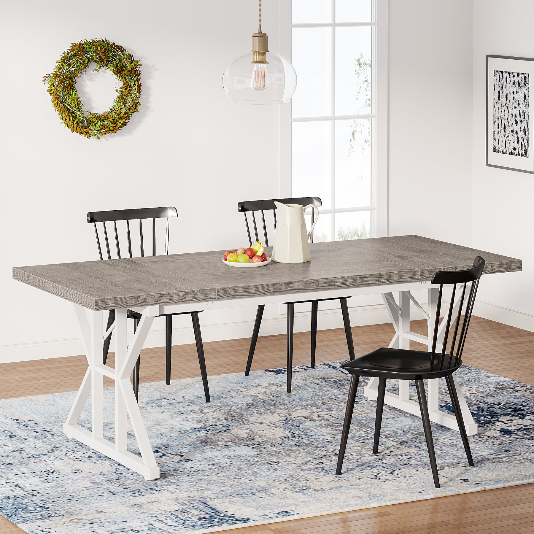Wood Dining Table, Farmhouse 180cm Kitchen Table for 6 People