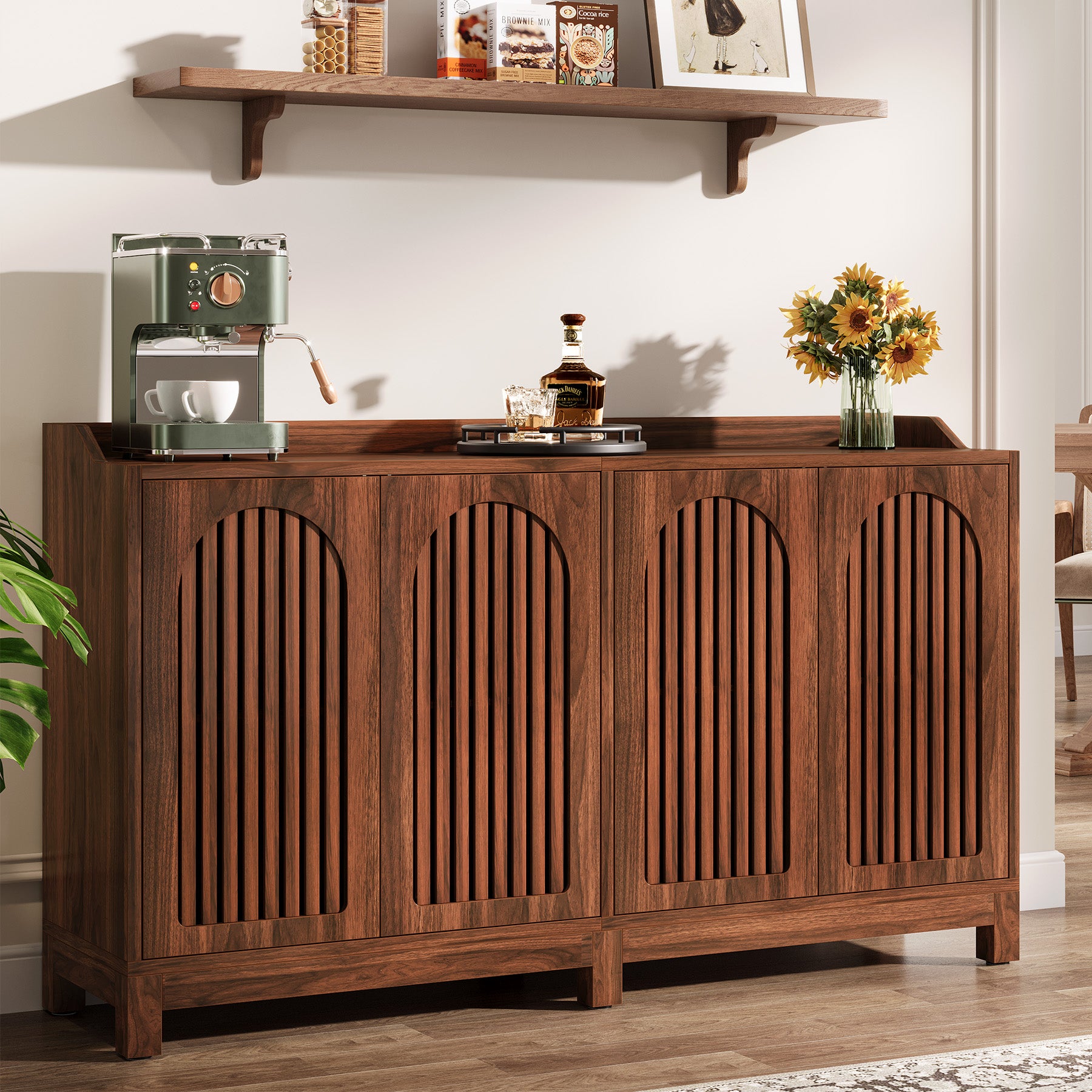 145cm Farmhouse Sideboard Buffet Cabinet with Shutter Doors, Freestanding Storage Cabinet for Kitchen & Dining Room