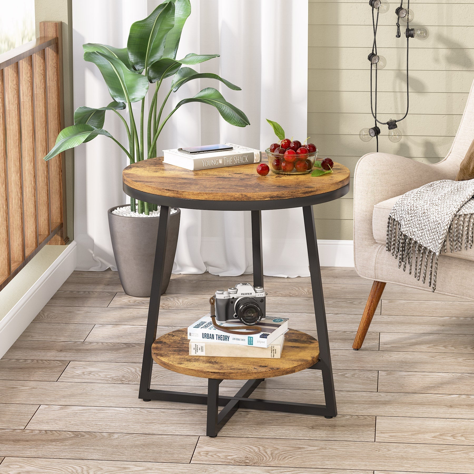 2-Tier End Table, Round Accent Bedside Table with Storage Shelf Tribesigns