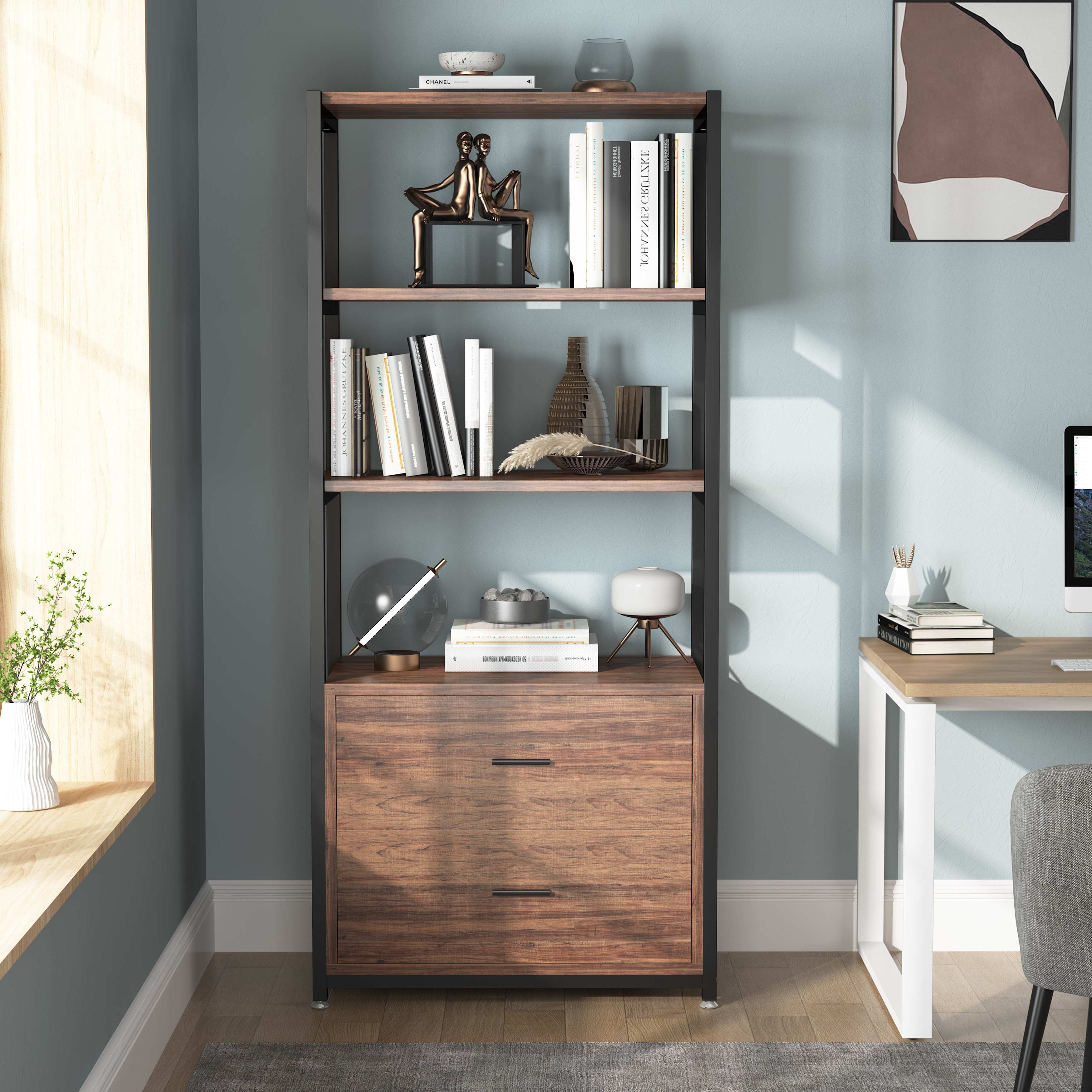 Rustic Etagere Bookshelf with Drawers, Industrial Display Bookcase for Home Office