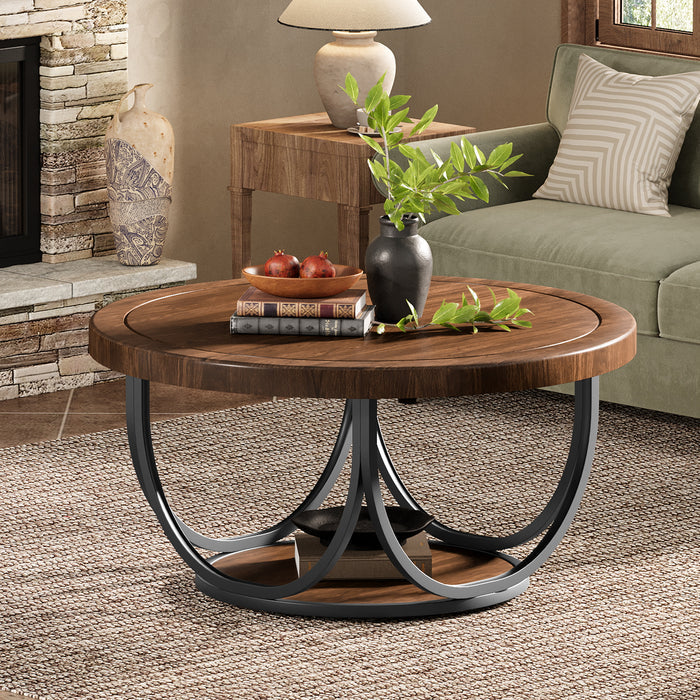 80 cm Round Coffee Table with Storage Shelf, 2-Tier Centre Table with Metal Frame in Industrial Style
