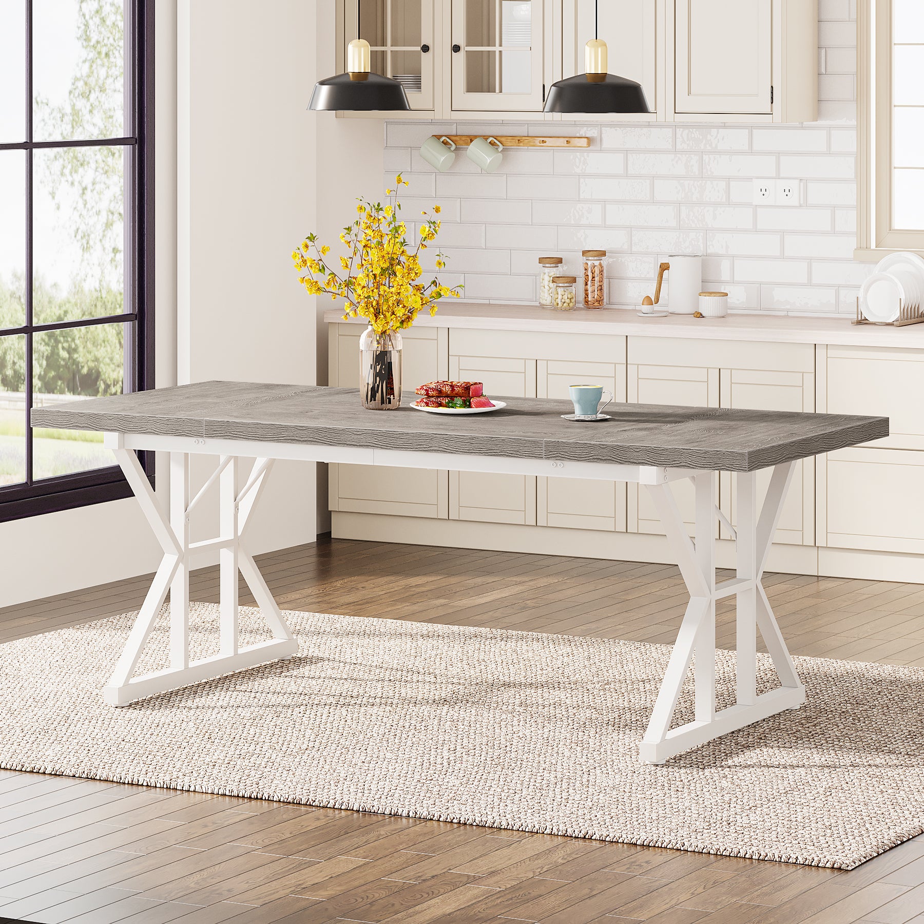 Wood Dining Table, Farmhouse 180cm Kitchen Table for 6 People