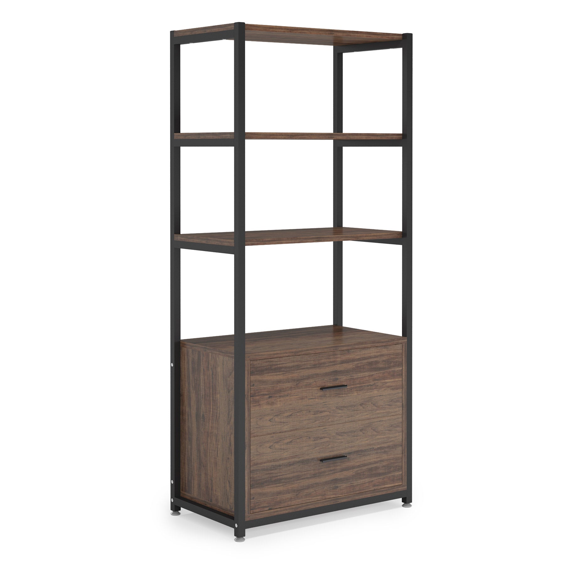 Rustic Etagere Bookshelf with Drawers, Industrial Display Bookcase for Home Office