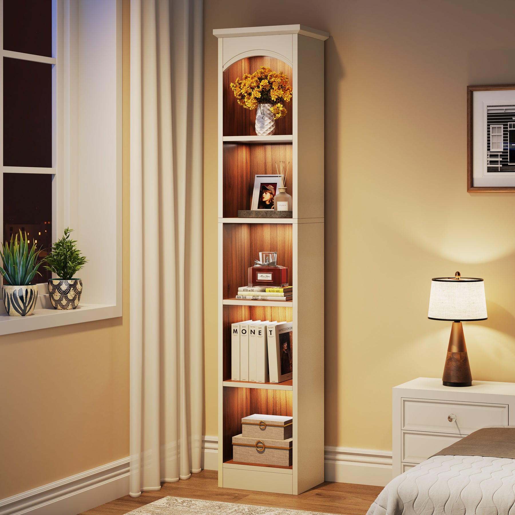 180cm Narrow Bookshelf, 5-Tier Cube Bookshelf Display Rack with Storage