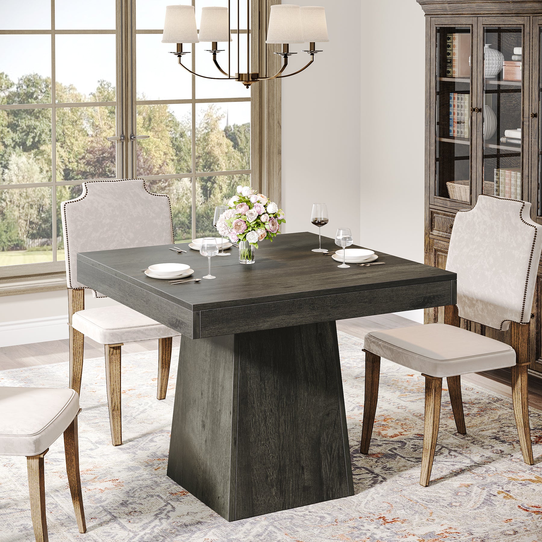 80cm Square Dining Table with Pedestal Base, 4-Seater Compact Farmhouse Style Dining Table