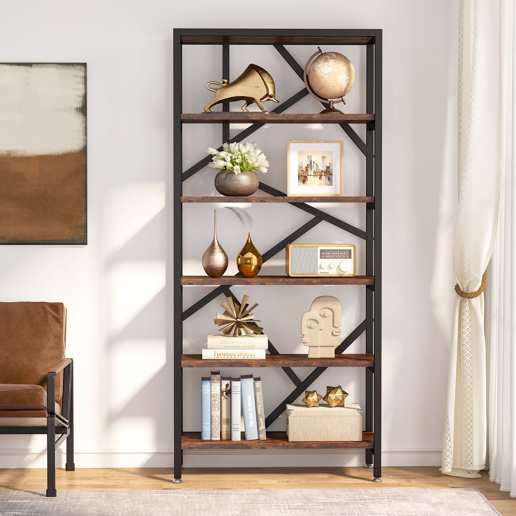 180cm Industrial Bookshelf, 6-Tier Freestanding Etagere Storage Shelf for Home Office