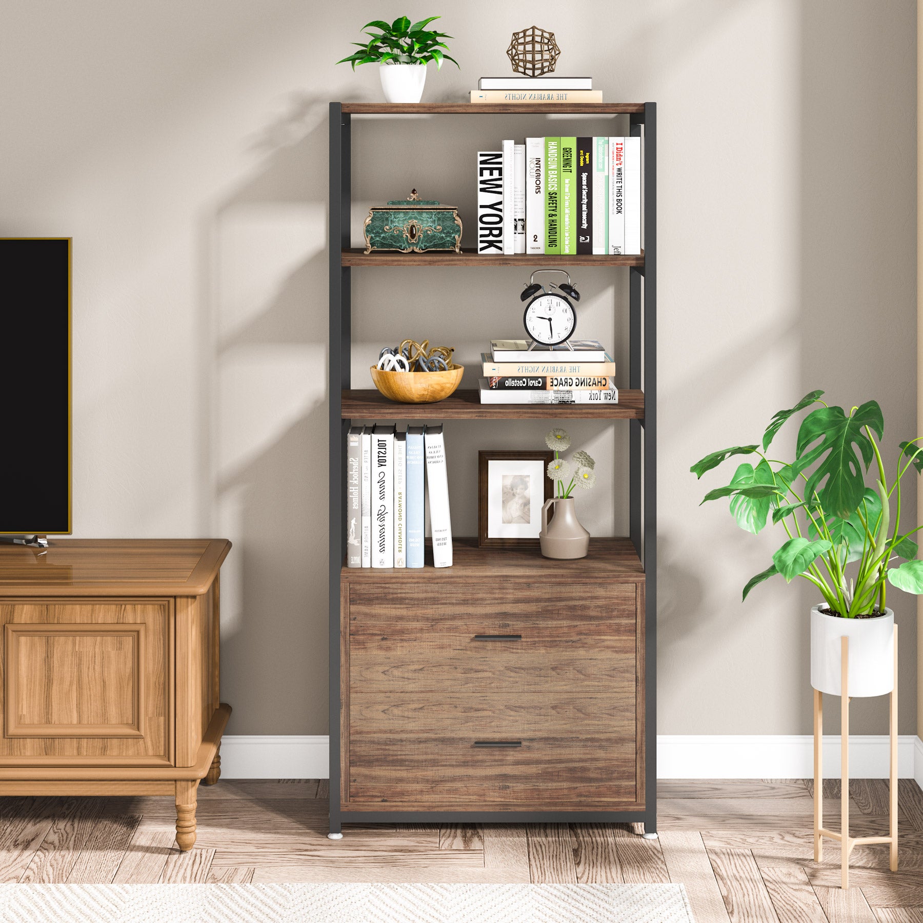 Rustic Etagere Bookshelf with Drawers, Industrial Display Bookcase for Home Office