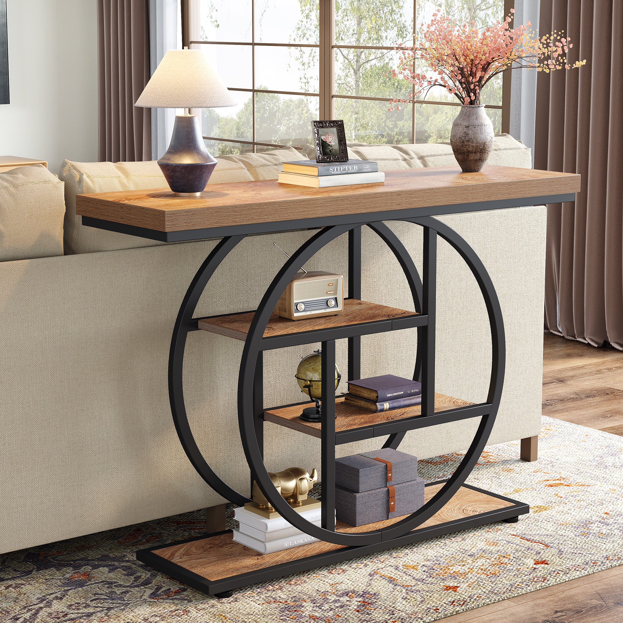105cm Console Table, Industrial 4-Tier Sofa Entryway Table with Circle Base