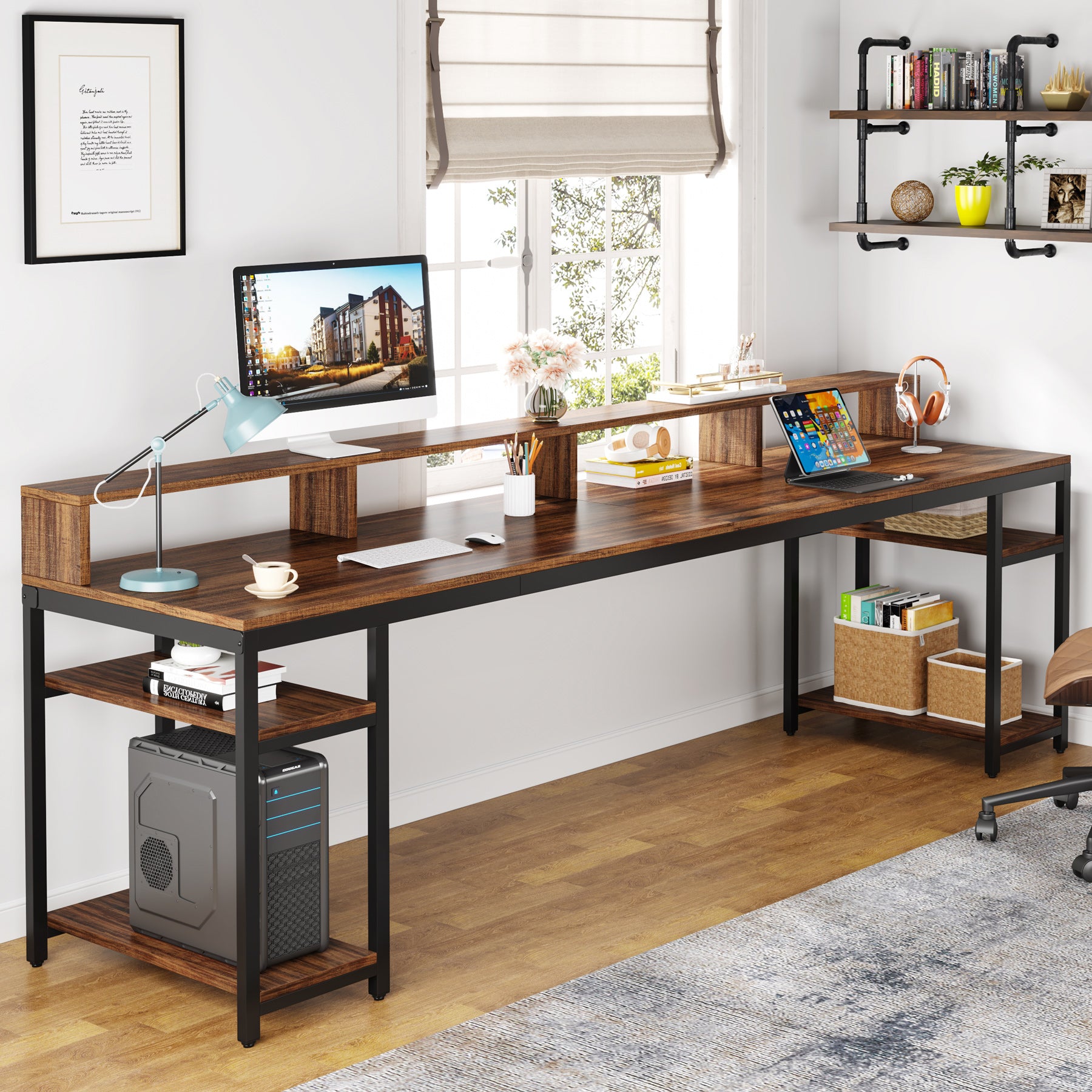 200cm Two-Person Desk, Long Computer Desk with Monitor Stand and Storage Shelves