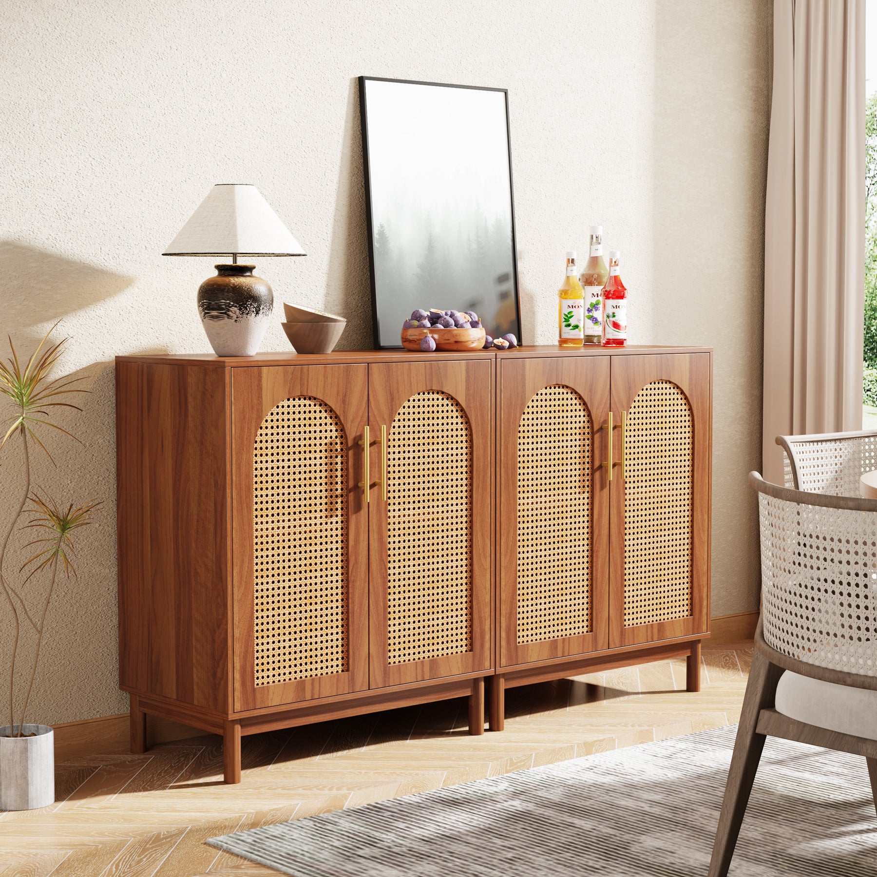 150cm Sideboard Buffet, Set of 2 Rattan Accent Cabinet with Storage