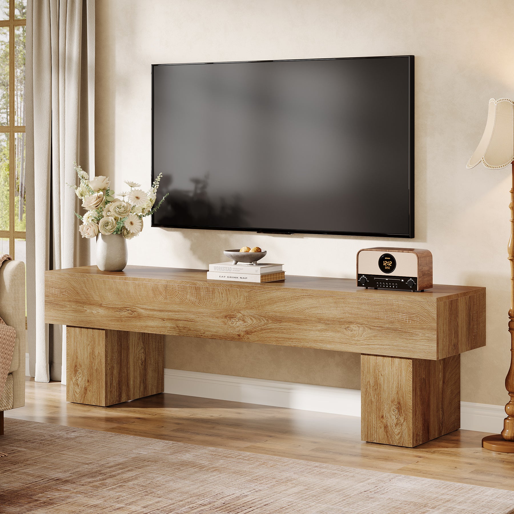 160cm Farmhouse Entertainment Unit, Low Wooden Media Console for Living Room