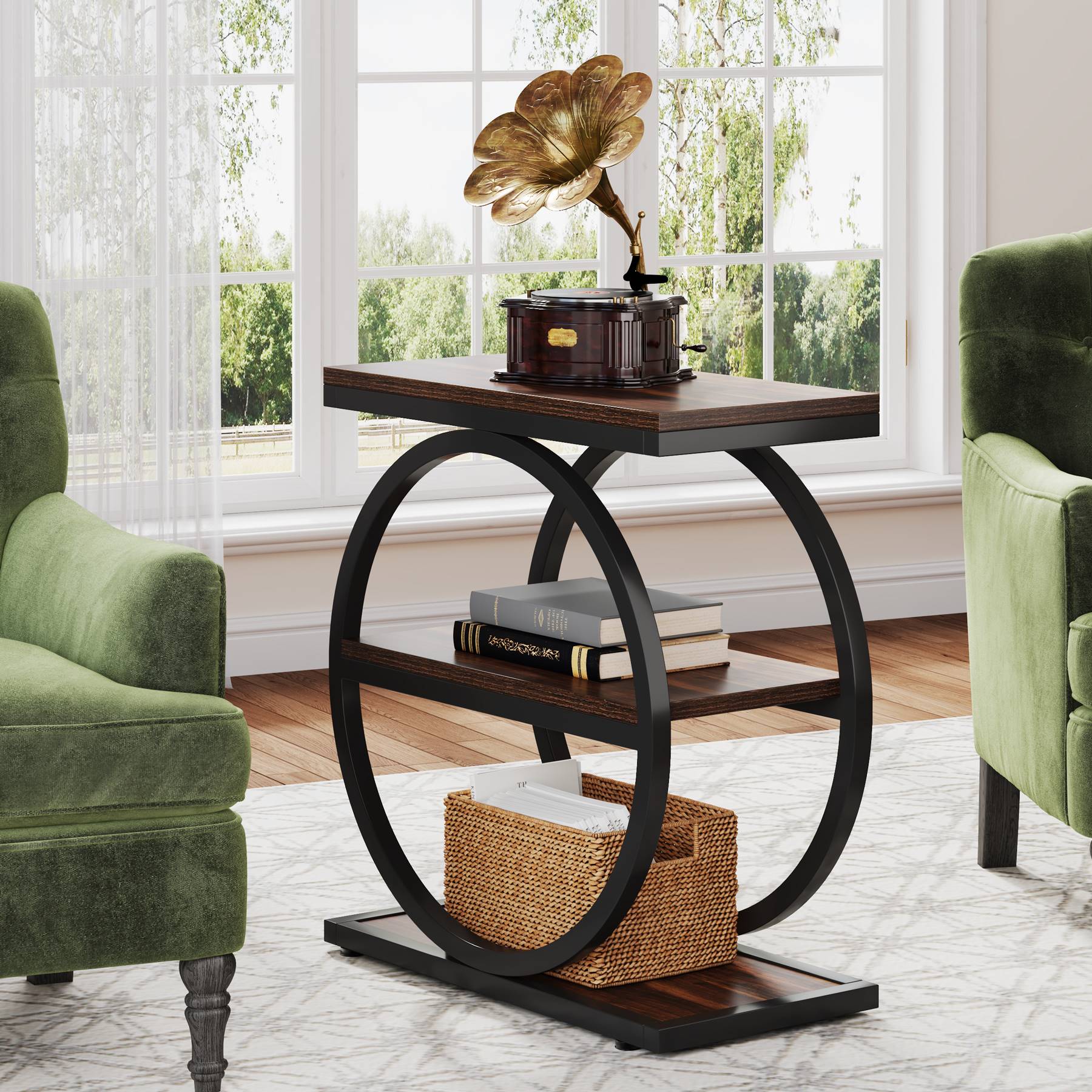 3-Tier Side Table, Industrial Sofa Side Table with Round Metal Frame