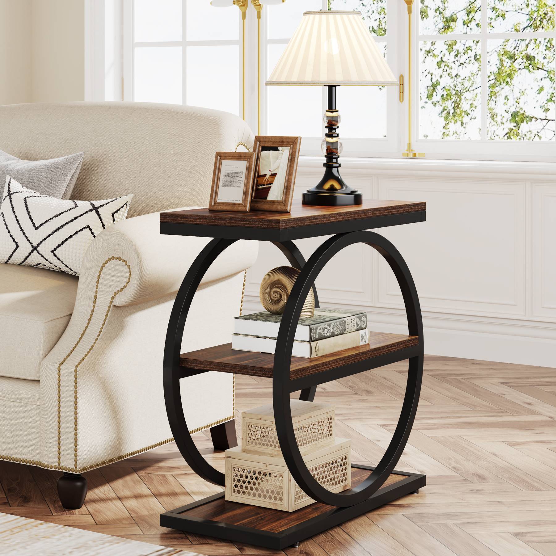 3-Tier Side Table, Industrial Sofa Side Table with Round Metal Frame