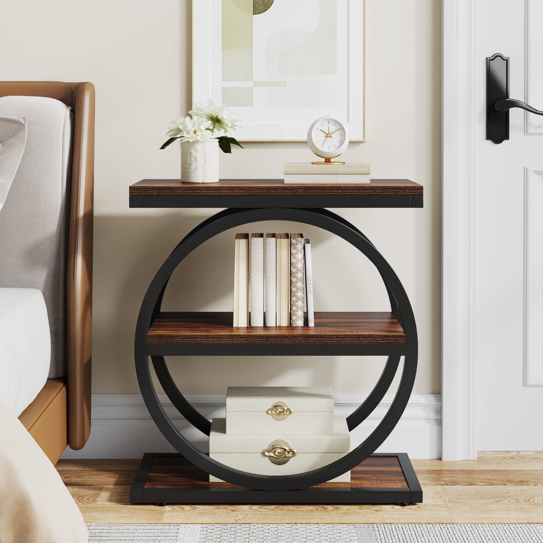 3-Tier Side Table, Industrial Sofa Side Table with Round Metal Frame