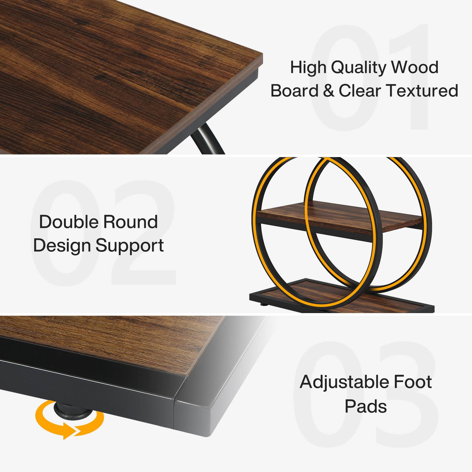 3-Tier Side Table, Industrial Sofa Side Table with Round Metal Frame