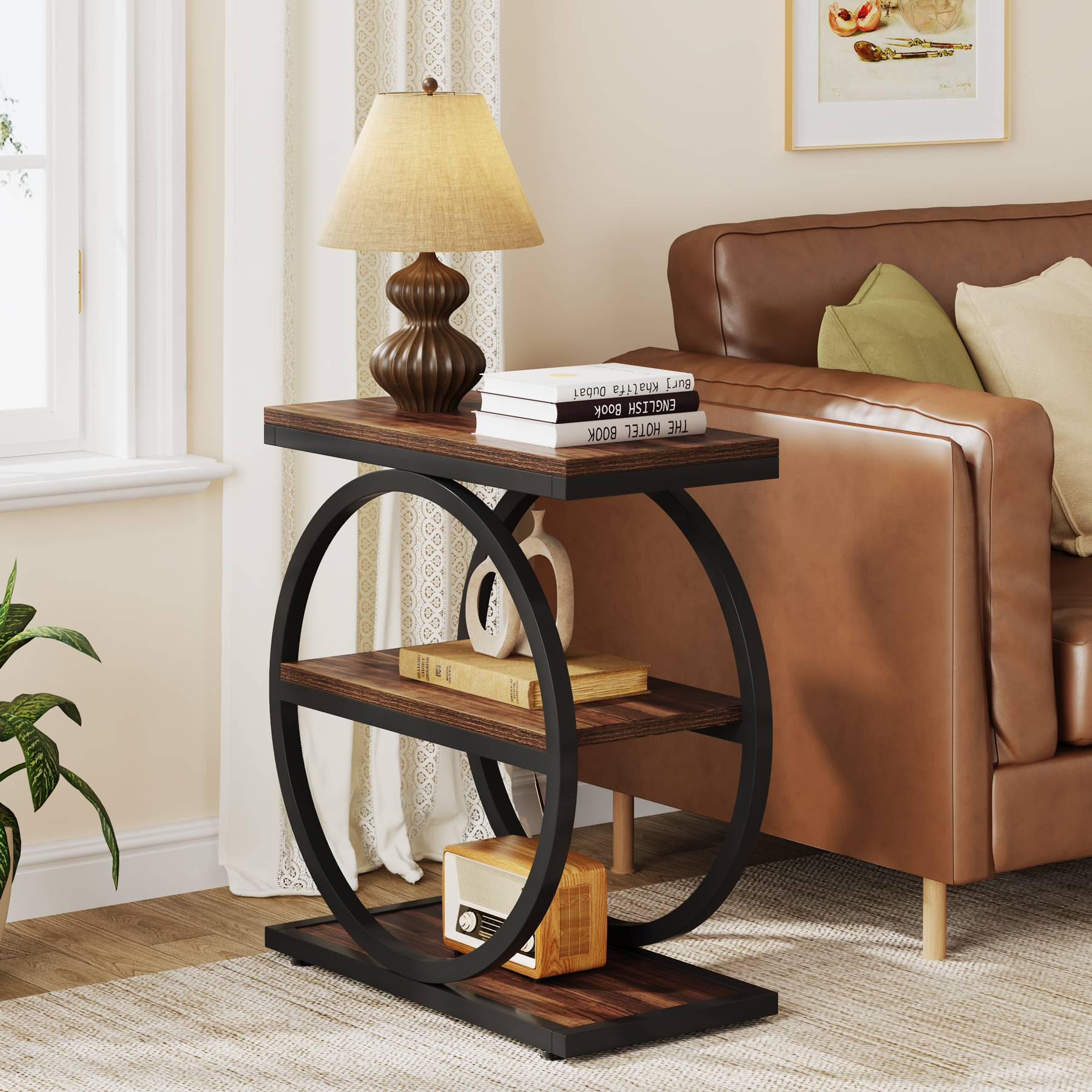 3-Tier Side Table, Industrial Sofa Side Table with Round Metal Frame