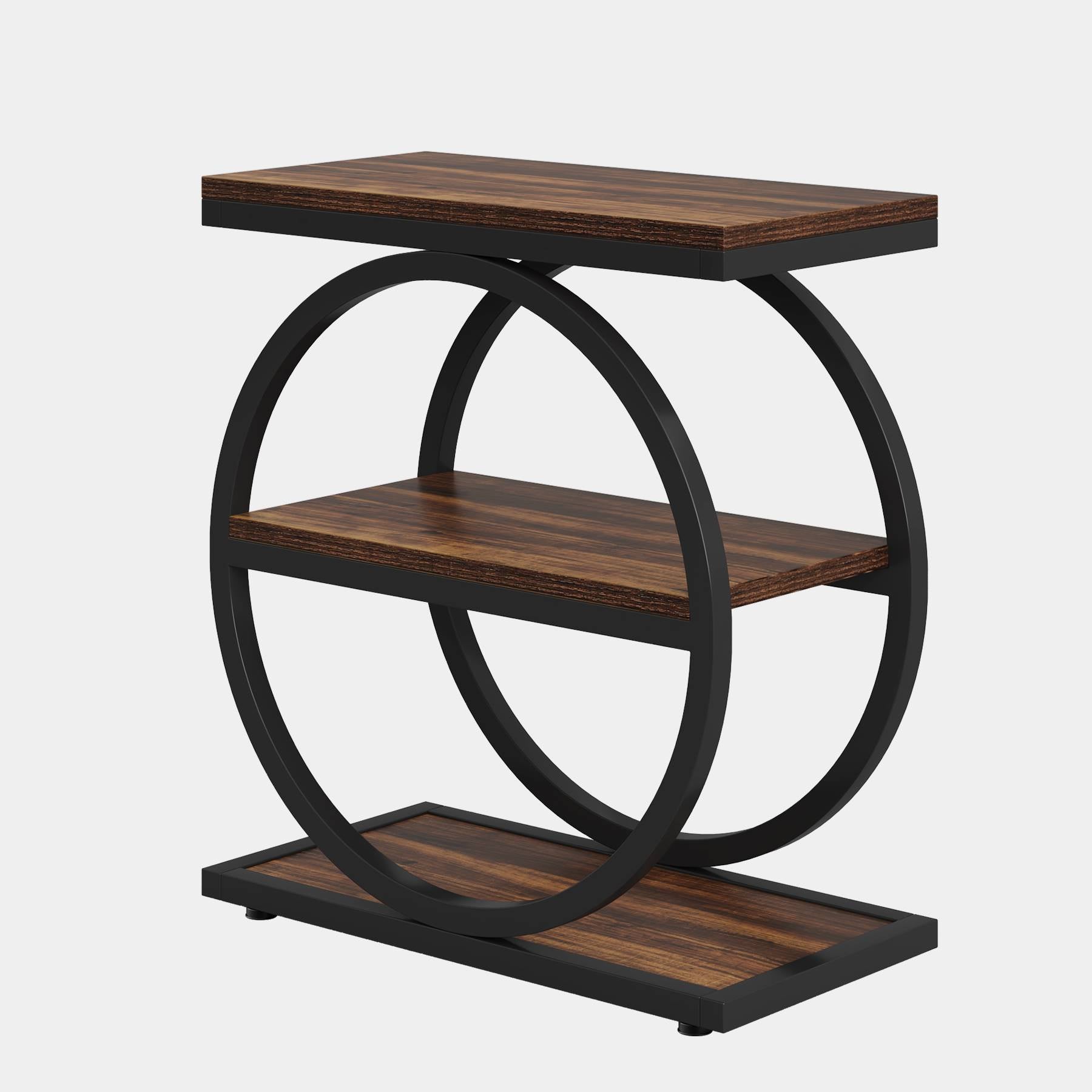3-Tier Side Table, Industrial Sofa Side Table with Round Metal Frame