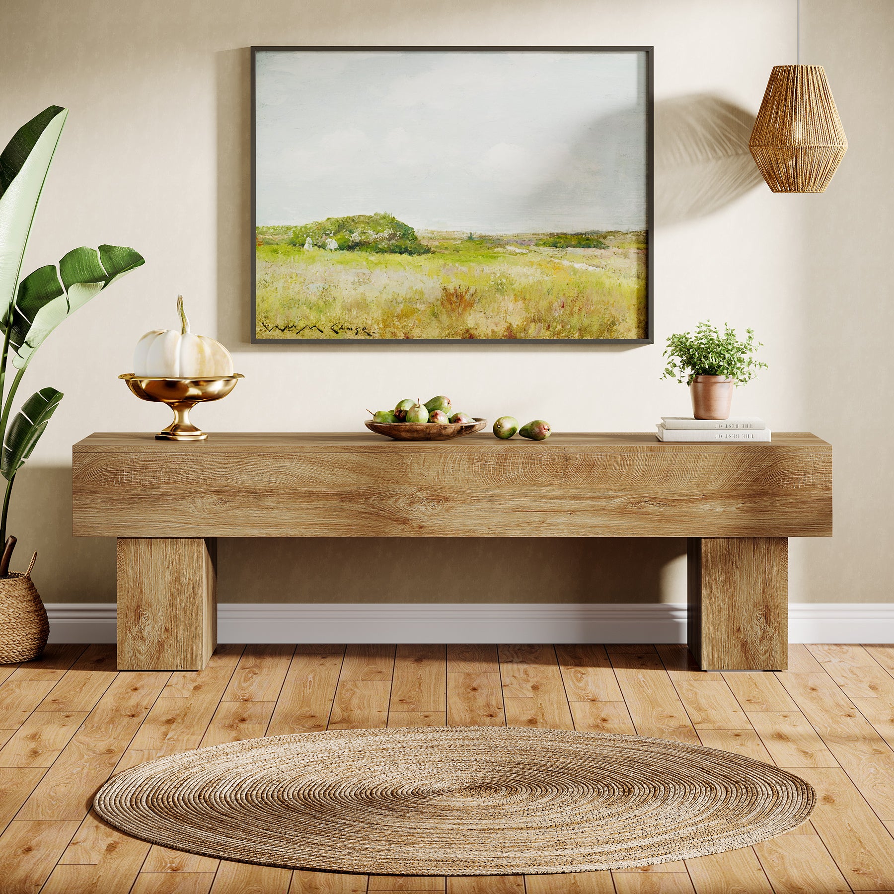 160cm Farmhouse Entertainment Unit, Low Wooden Media Console for Living Room