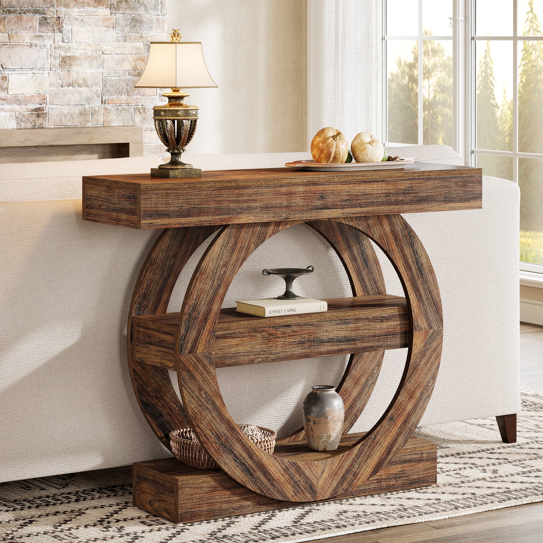 105cm Console Table, 3-Tier Sofa Table Accent Console with Circle Base