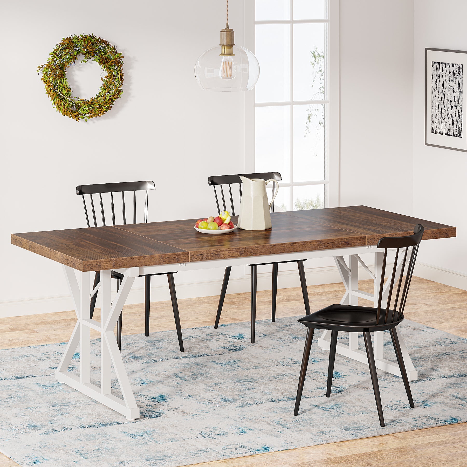 Wood Dining Table, Farmhouse 180cm Kitchen Table for 6 People