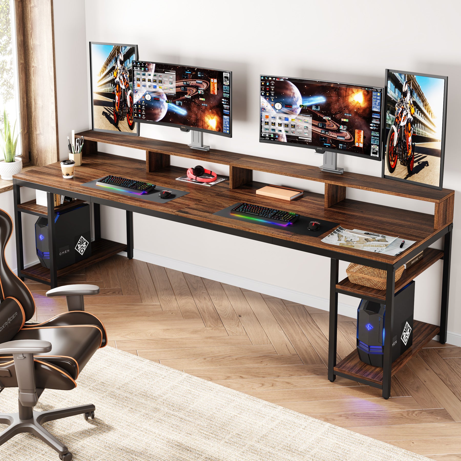 200cm Two-Person Desk, Long Computer Desk with Monitor Stand and Storage Shelves