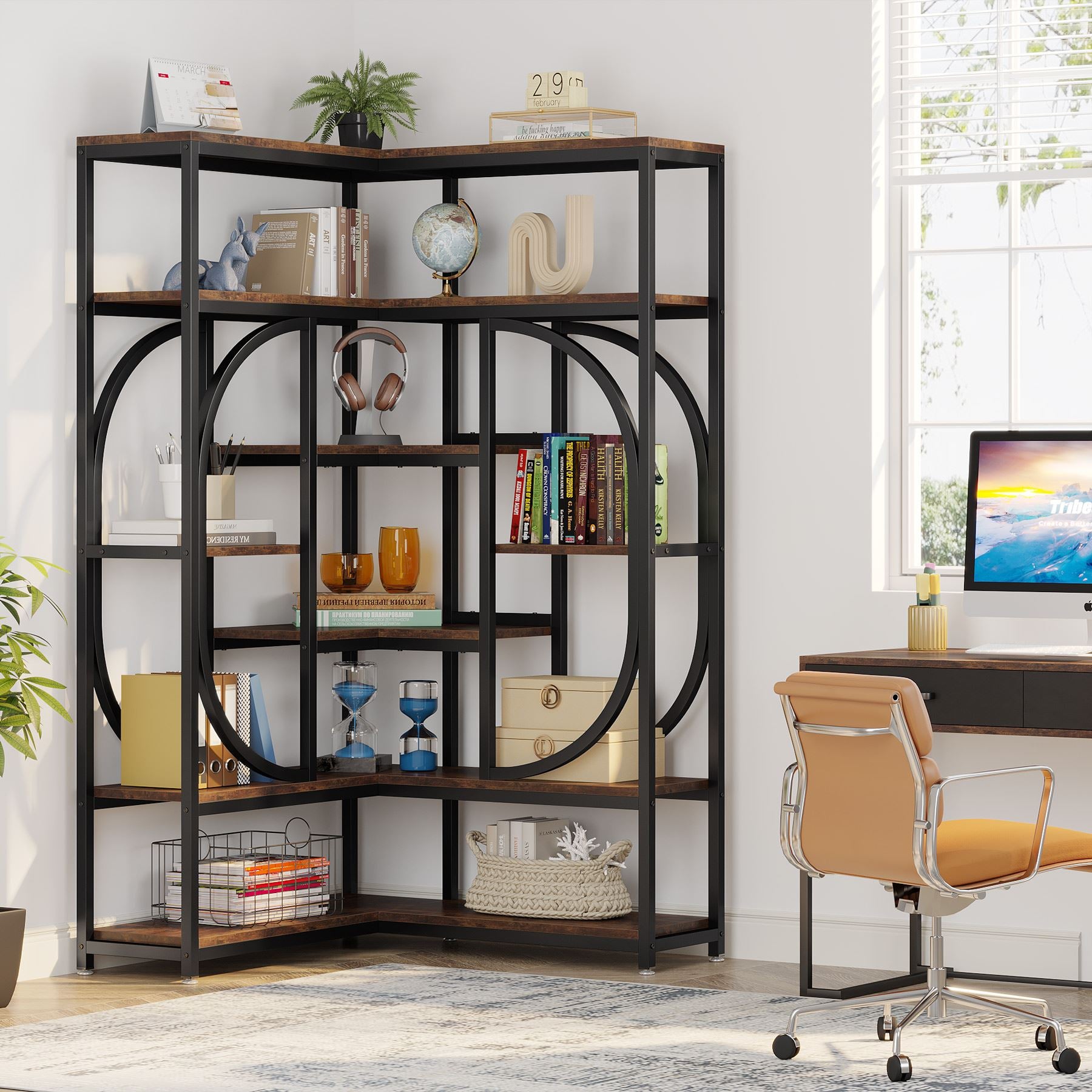 176cm L-Shaped Bookshelf, Modern Corner 7-Shelf Bookshelf Display Rack