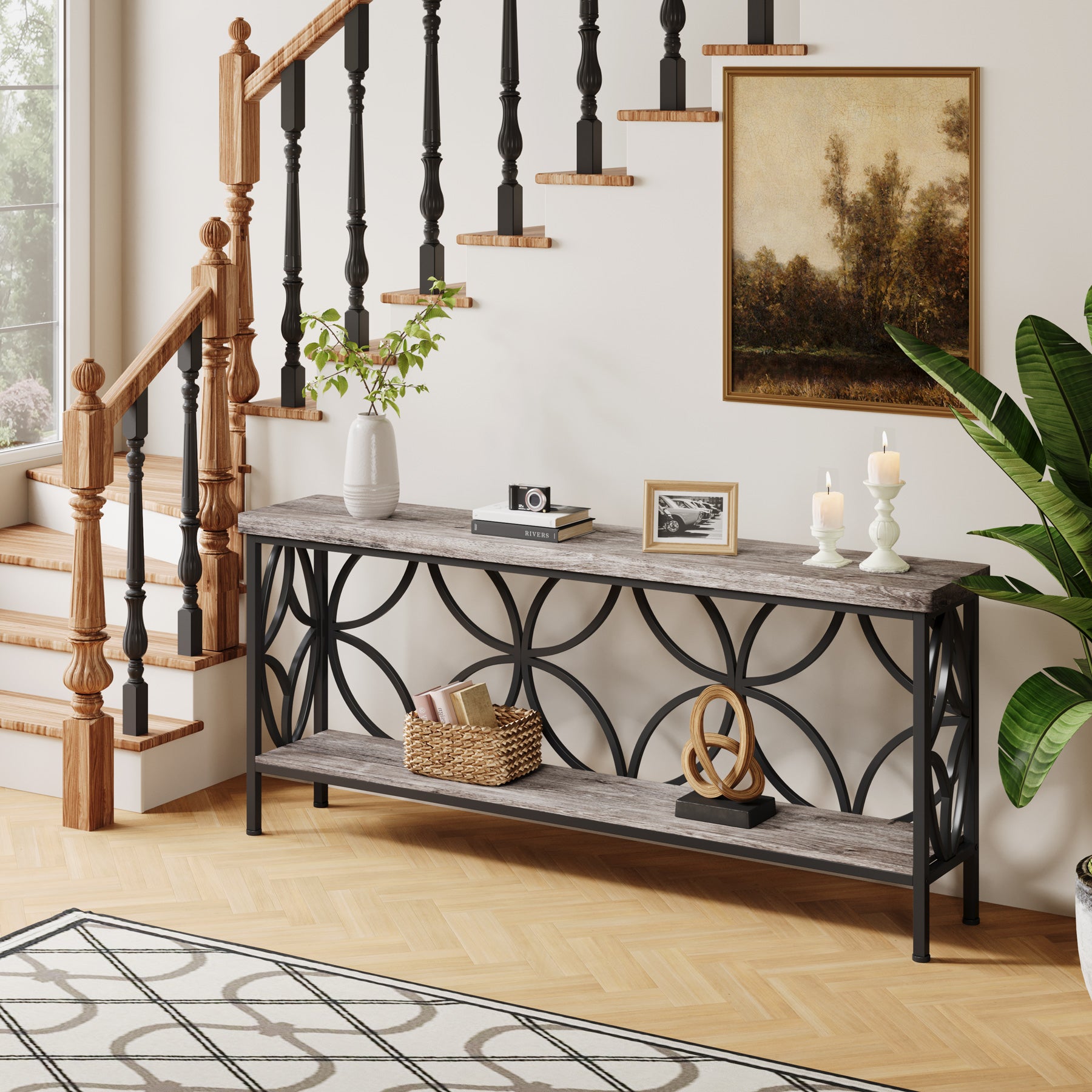 2-Tier Console Table, 180cm Industrial Sofa Table Behind Couch