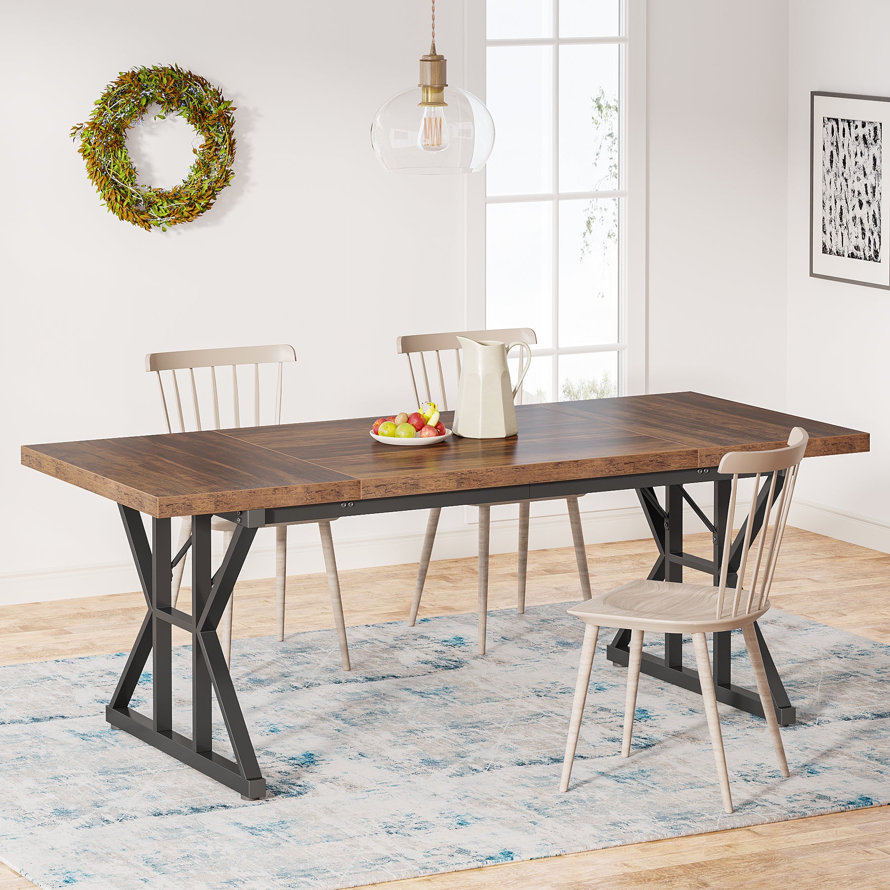 Wood Dining Table, Farmhouse 180cm Kitchen Table for 6 People