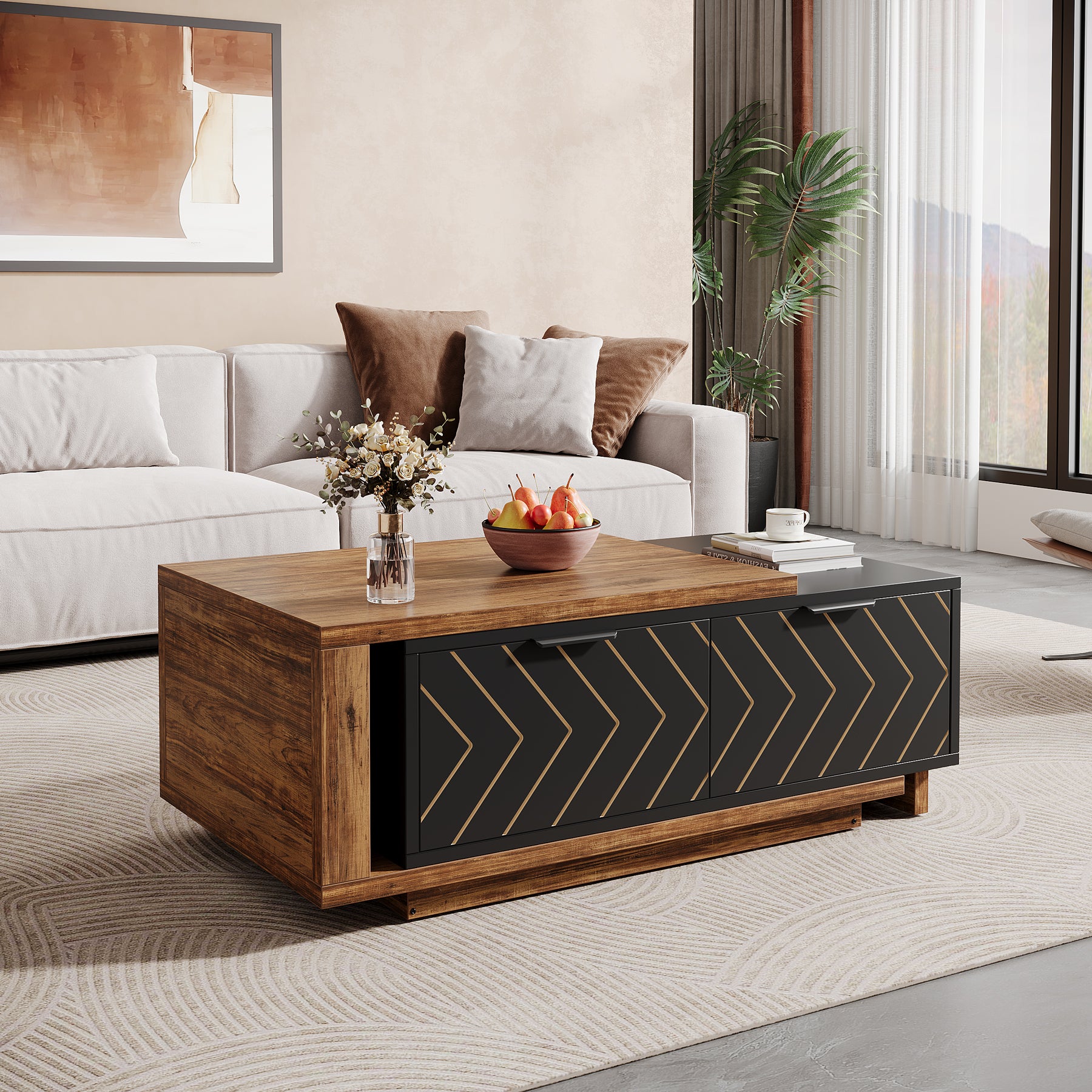 Extendable Coffee Table, Center Table Cocktail Table with 2 Storage Drawers