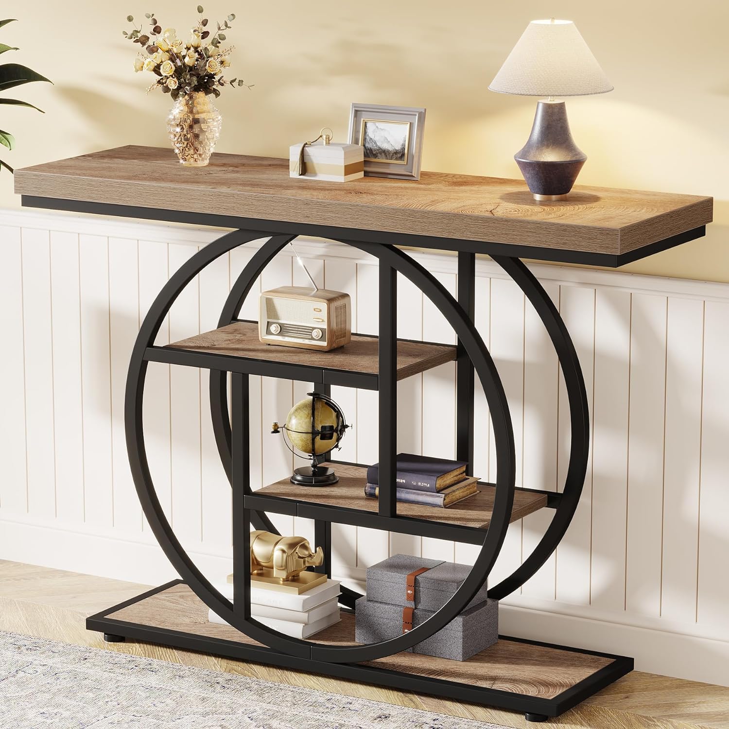 41.3" Console Table, Industrial 4-Tier Sofa Entryway Table with Circle Base
