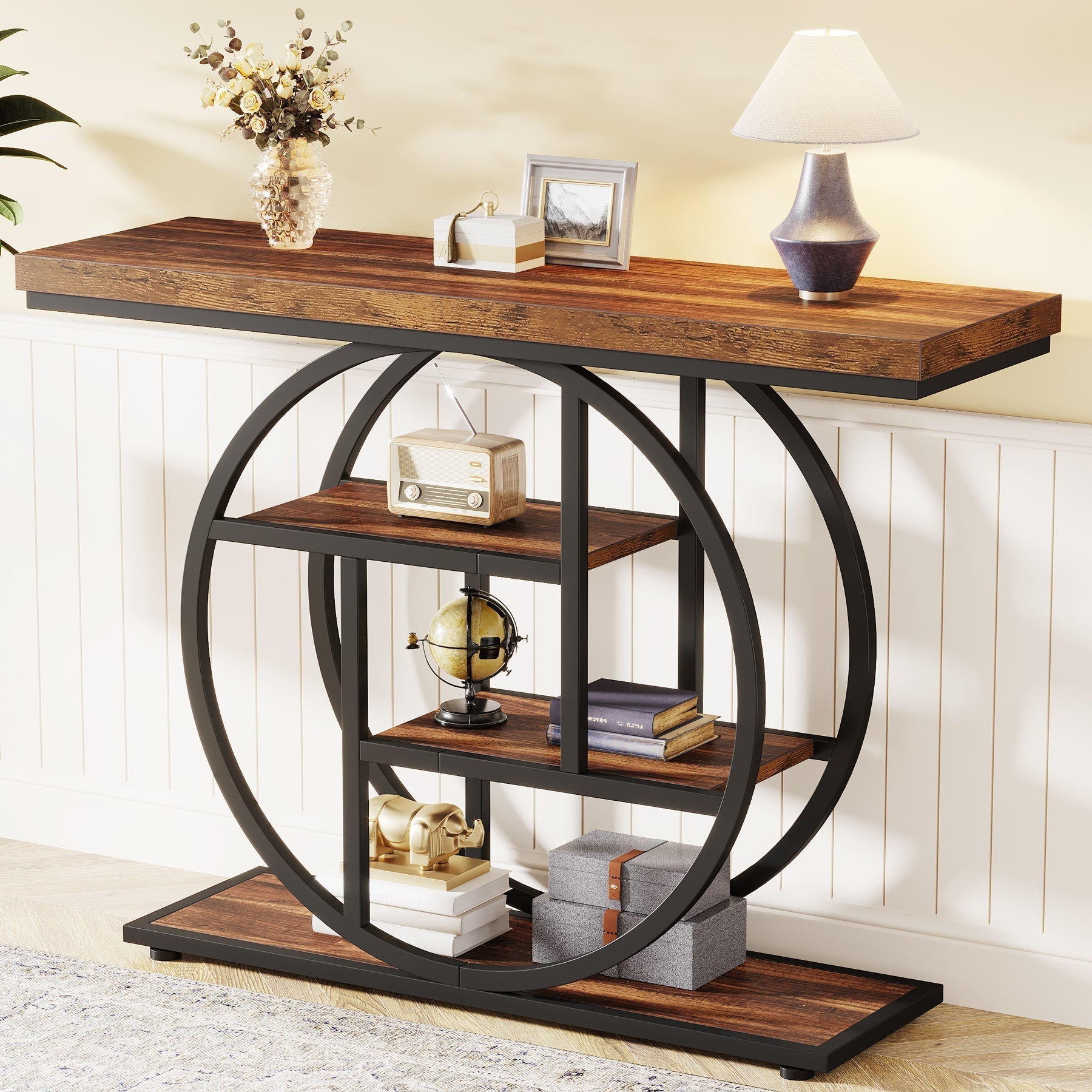 41.3" Console Table, Industrial 4-Tier Sofa Entryway Table with Circle Base