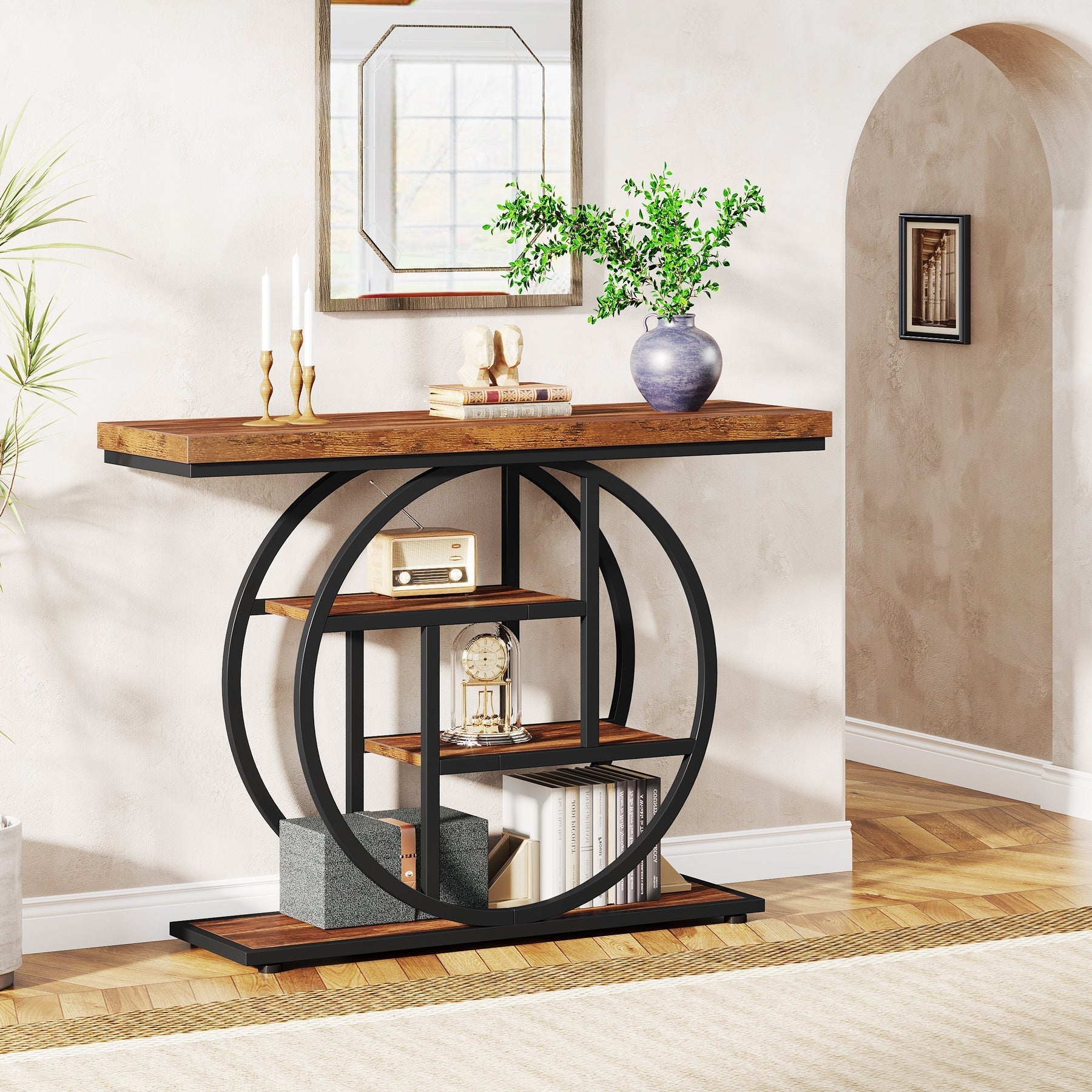 41.3" Console Table, Industrial 4-Tier Sofa Entryway Table with Circle Base