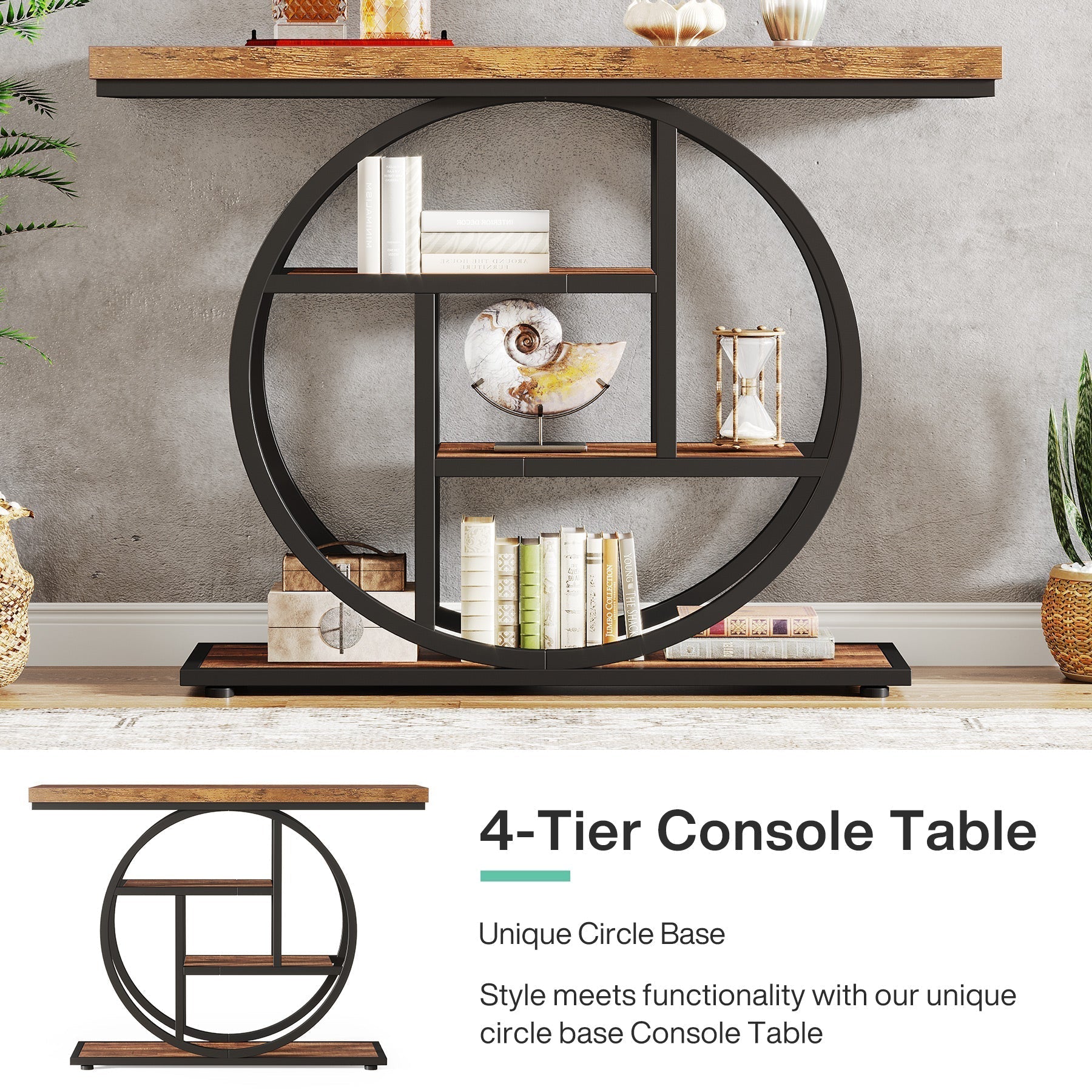 41.3" Console Table, Industrial 4-Tier Sofa Entryway Table with Circle Base
