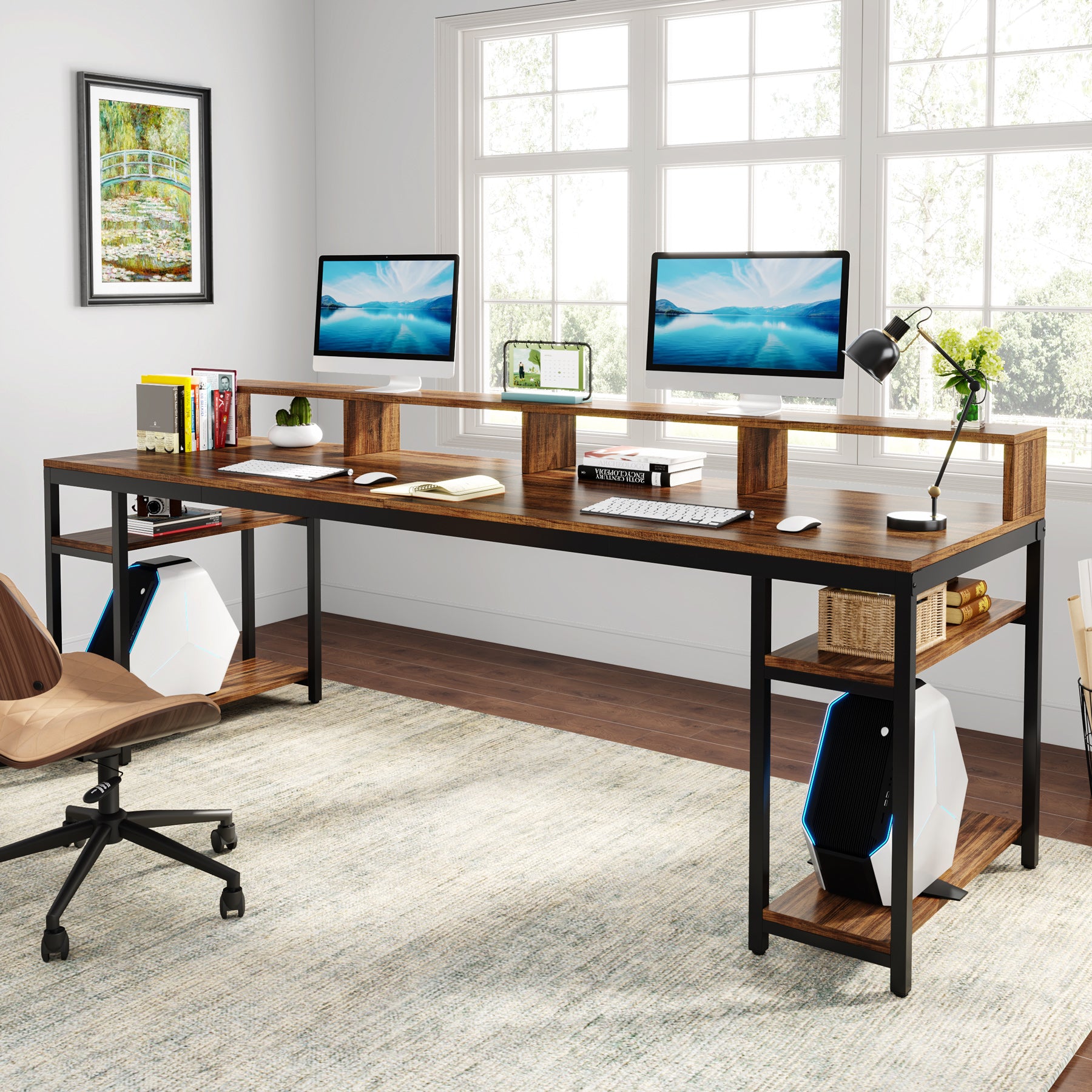 200 cm Two-Person Desk, Long Computer Desk with Monitor Stand and Storage Shelves